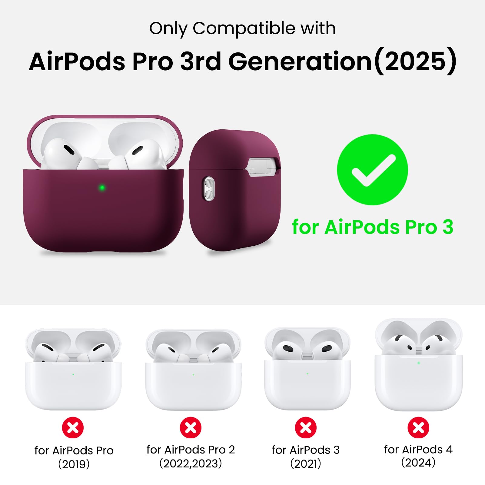 Only Compatible with  
AirPods Pro 3rd Generation (2025)  
for AirPods Pro 3  
for AirPods Pro (2019)  
for AirPods Pro 2 (2022, 2023)  
for AirPods 3 (2021)  
for AirPods 4 (2024)