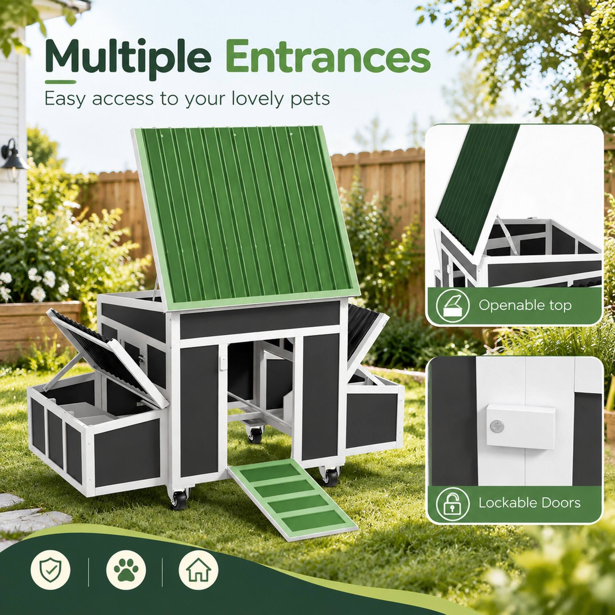 Multiple Entrances  
Easy access to your lovely pets  

Openable top  

Lockable Doors