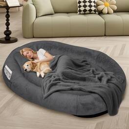 Furryfection - Oversize Faux Fur Human dog Bed with Pillow and Blanket - Dark Gray