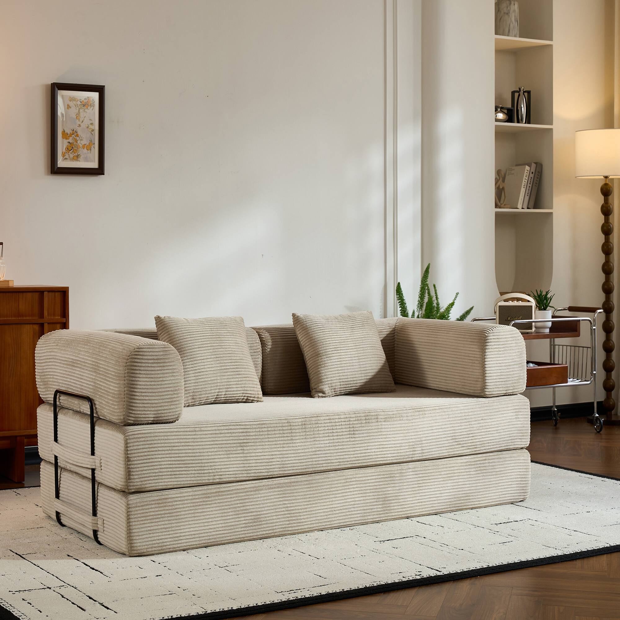 Angle. GOODSILO - Convertible Sleeper Sofa in Cylindroy Fabric | Features a Cylindrical Pillow & Space-Saving Foldable Design - Beige.
