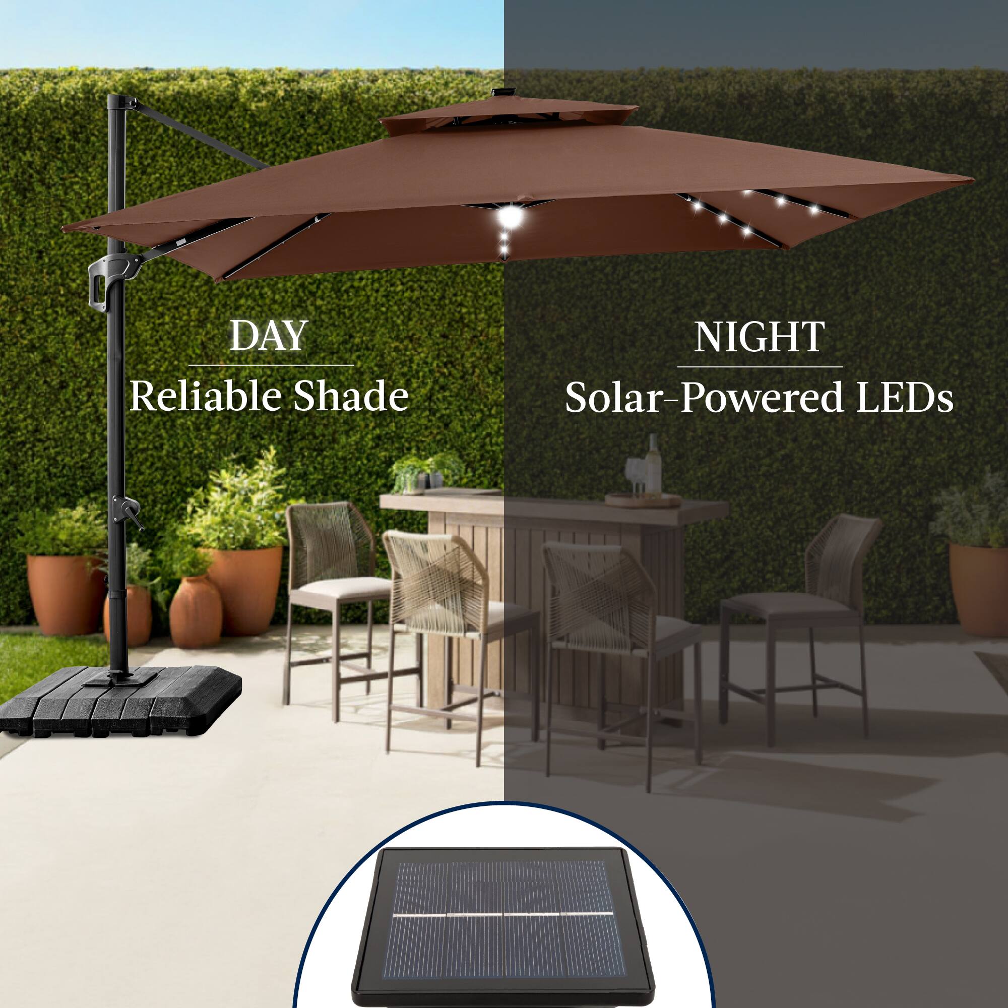 DAY  
Reliable Shade  

NIGHT  
Solar-Powered LEDs