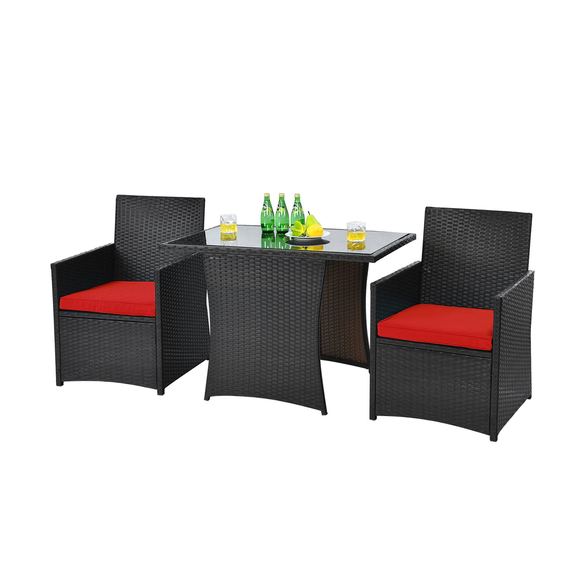 Alt View 9. Gymax - Gymax 3PCS Patio Wicker Bistro Set PE Rattan Dining Table Set w/ Red Cushions - Red.