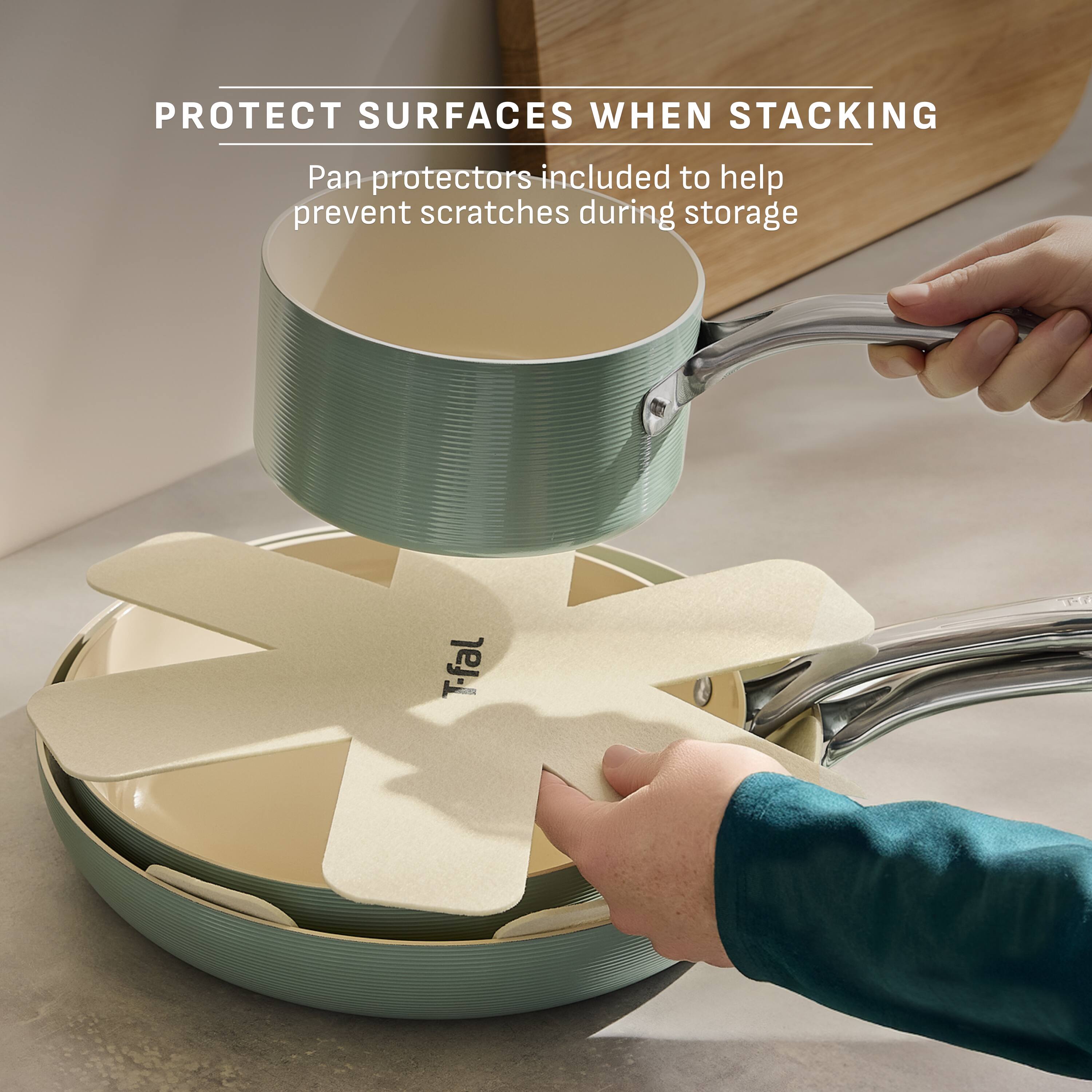 PROTECT SURFACES WHEN STACKING

Pan protectors included to help prevent scratches during storage