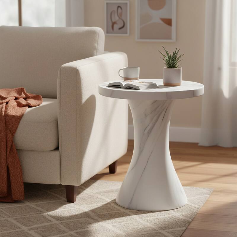 Angle. LeisureMod - Isidra 19" Modern Side Table, Weather & UV Resistant Fiberstone Round Pedestal Accent Table - Marbled White.