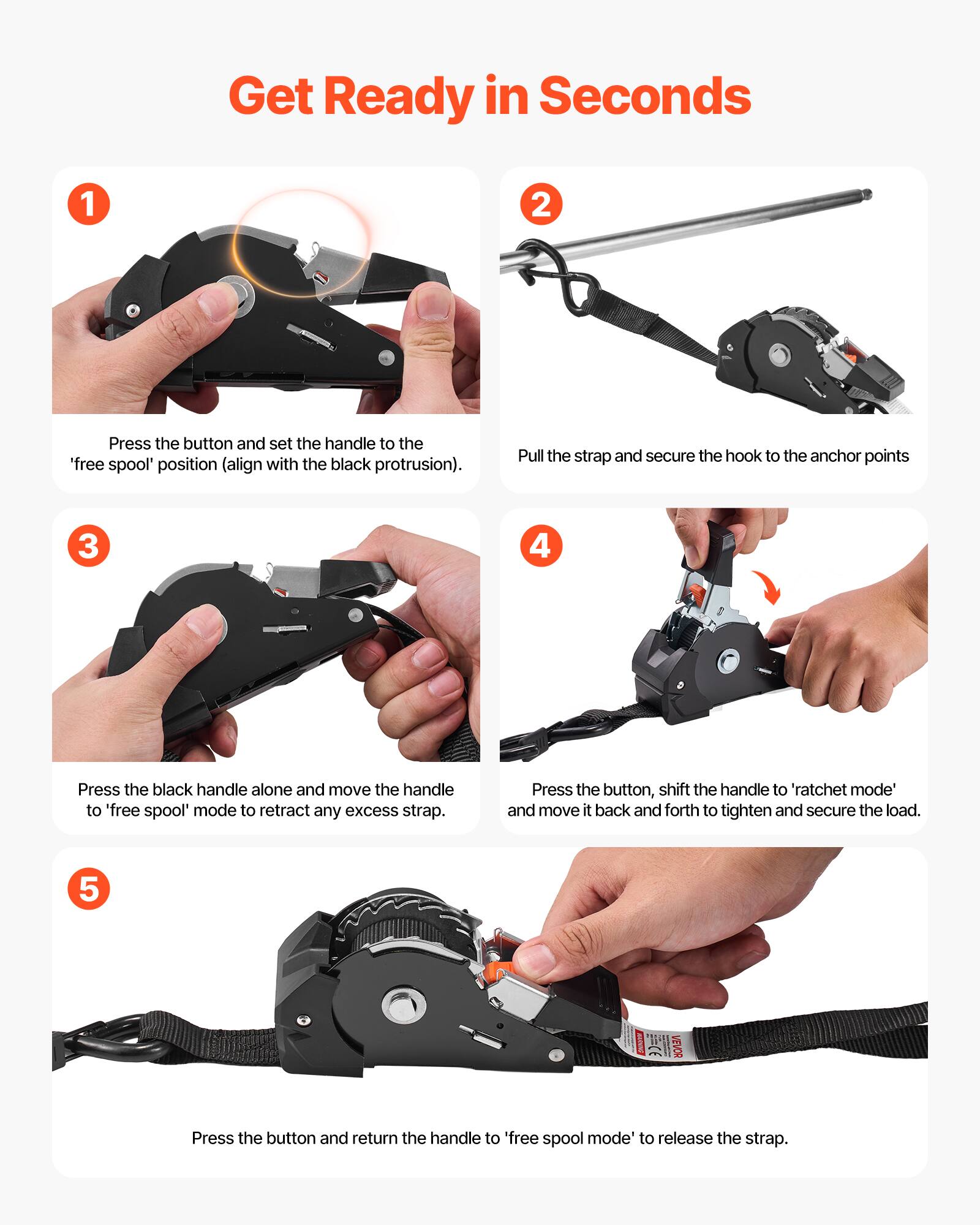 Get Ready in Seconds

1. Press the button and set the handle to the 'free spool' position (align with the black protrusion).

2. Pull the strap and secure the hook to the anchor points.

3. Press the black handle alone and move the handle to 'free spool' mode to retract any excess strap.

4. Press the button, shift the handle to 'ratchet mode' and move it back and forth to tighten and secure the load.

5. Press the button and return the handle to 'free spool mode' to release the strap.