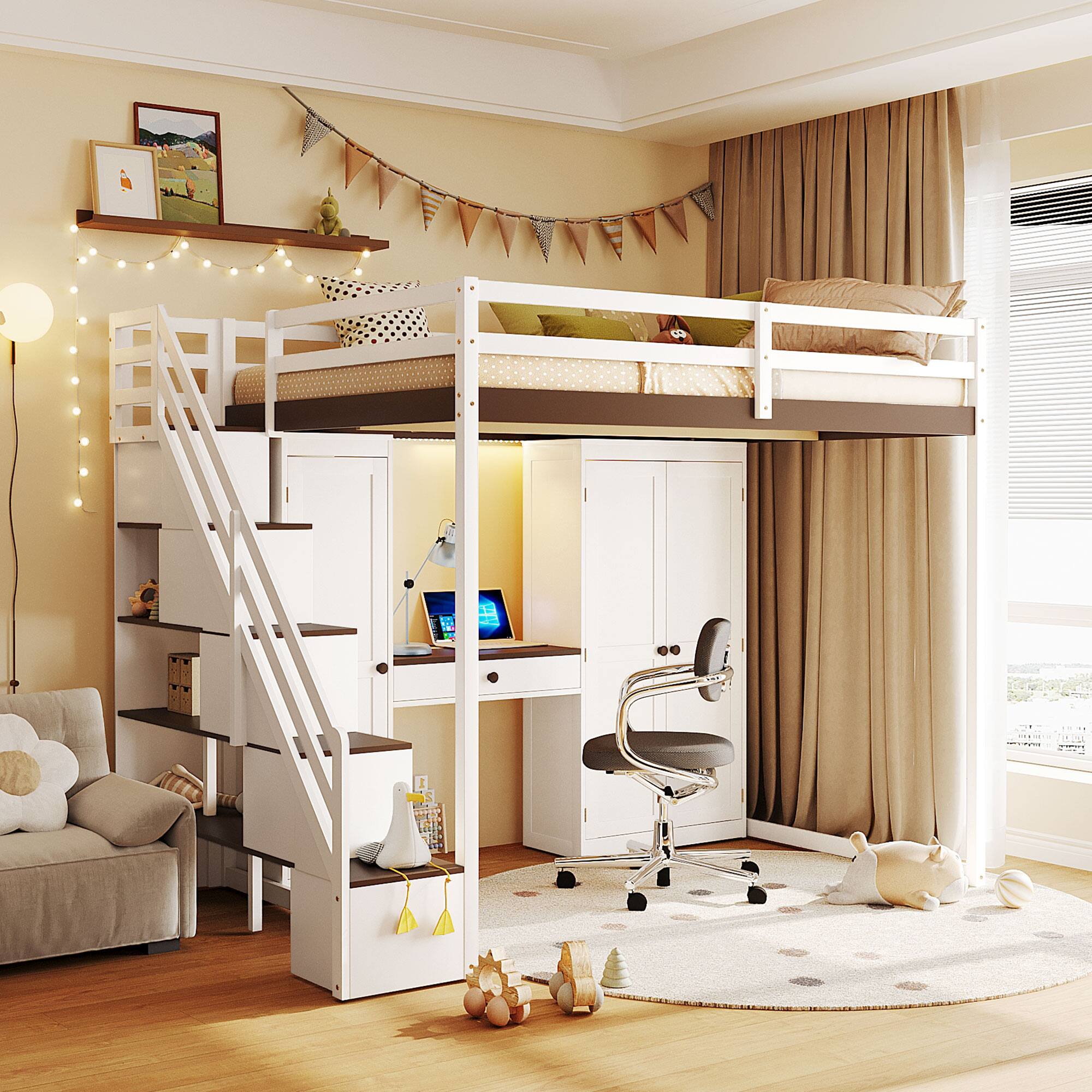 Angle. Anysun - Full Size Loft Bed with Storage Staircase - Built-In Dressing Table & Mirror, Wardrobe, USB Ports & Lights - White.