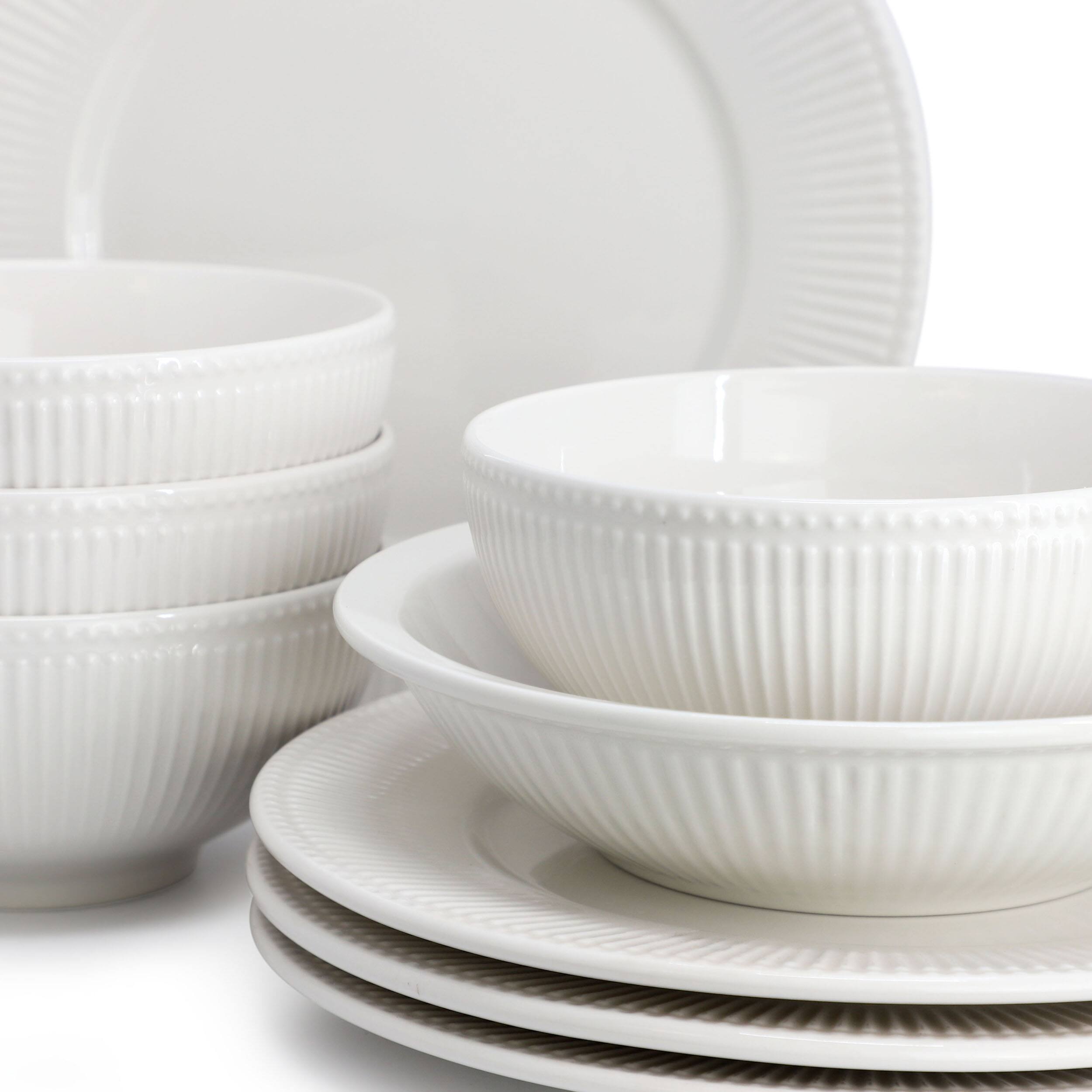Alt View 5. Elama - Elama Kate 16 Piece Textured Trim Double Bowl Porcelain Dinnerware Set in White - White.