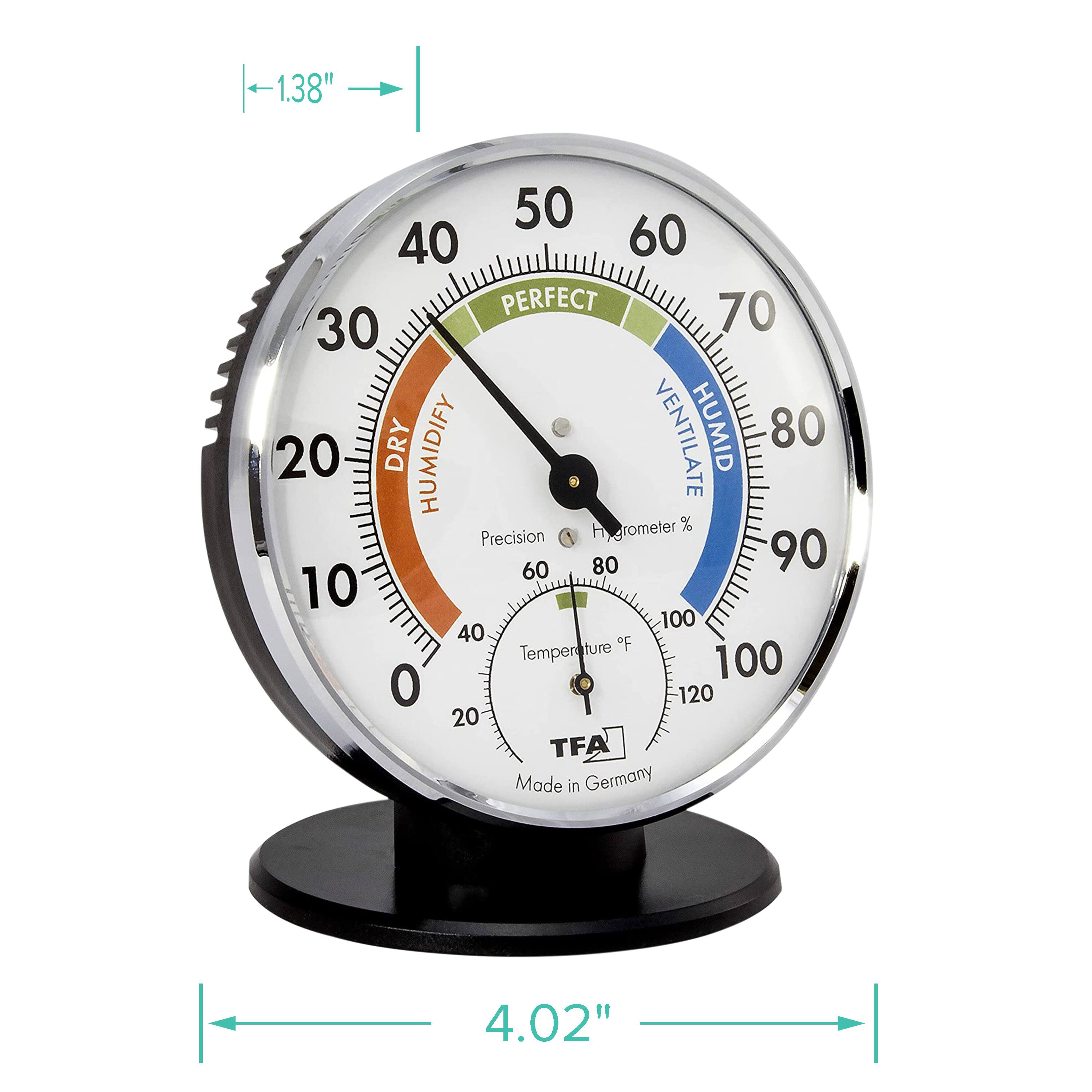 1.38" 50 40 60 PERFECT 70 30 20 DRY HUMIDIFY VENTILATE HUMID 80 Hygrometer % % Precision 60 80 90 10 100 40 Temperature °F 100 0 120 20 TFA Made in Germany 4.02"