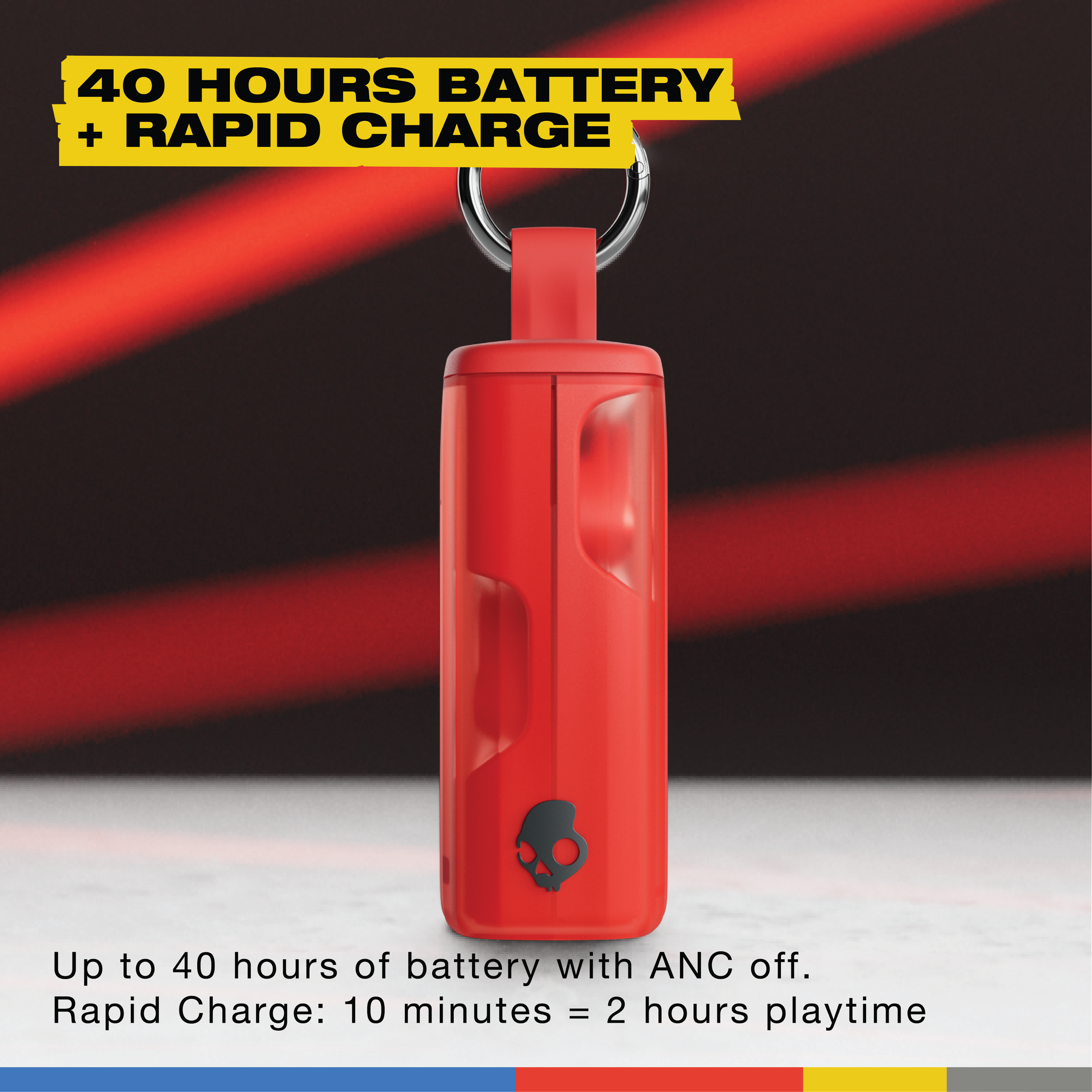 The text on the image reads: "40 HOURS BATTERY + RAPID CHARGE Up to 40 hours of battery with ANC off. Rapid Charge: 10 minutes = 2 hours playtime."