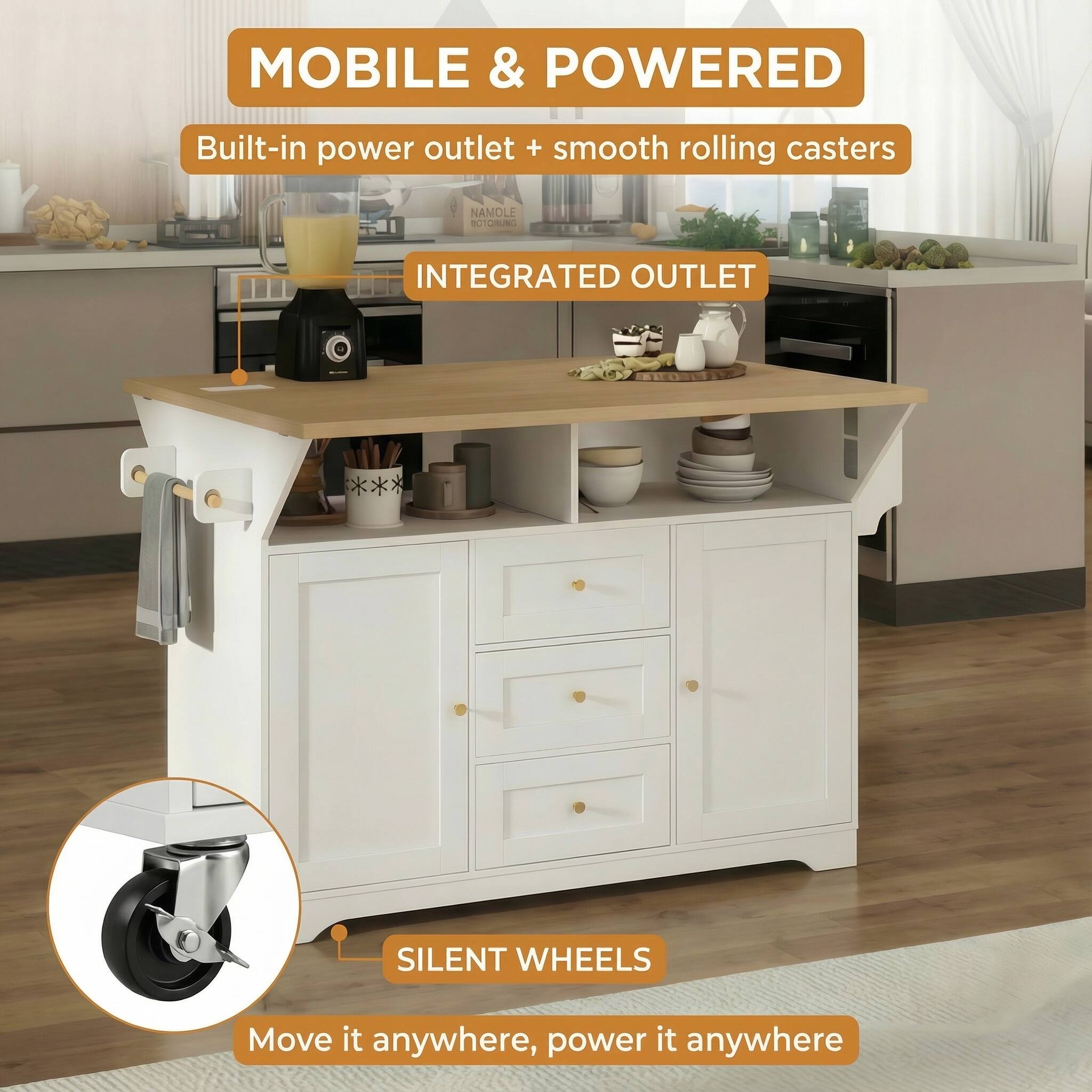 MOBILE & POWERED  
Built-in power outlet + smooth rolling casters  

INTEGRATED OUTLET  

SILENT WHEELS  
Move it anywhere, power it anywhere