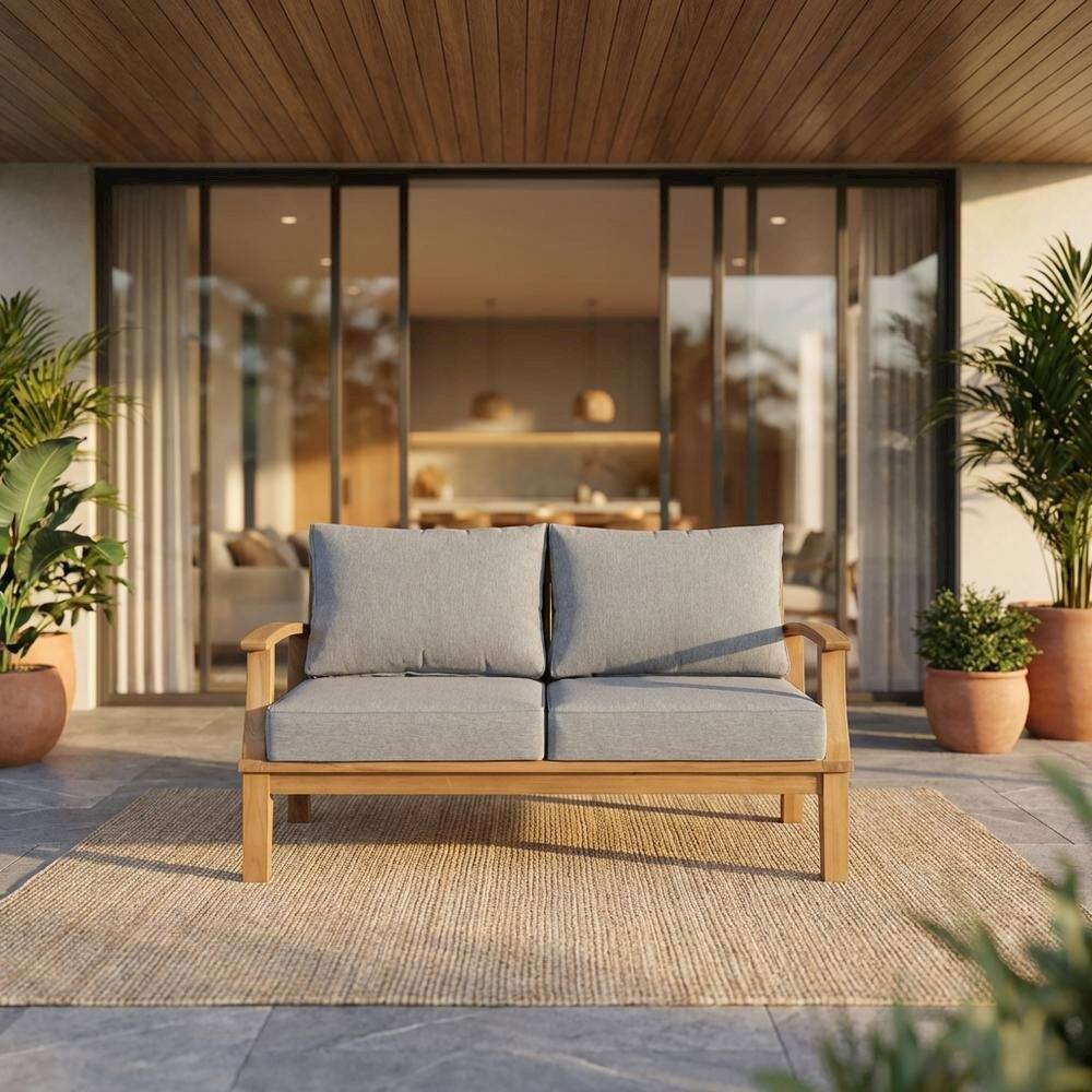 Angle. Outdoor Escape - Outdoor Teak Patio Loveseat With Cushioned Seats And Armrests - Gray.