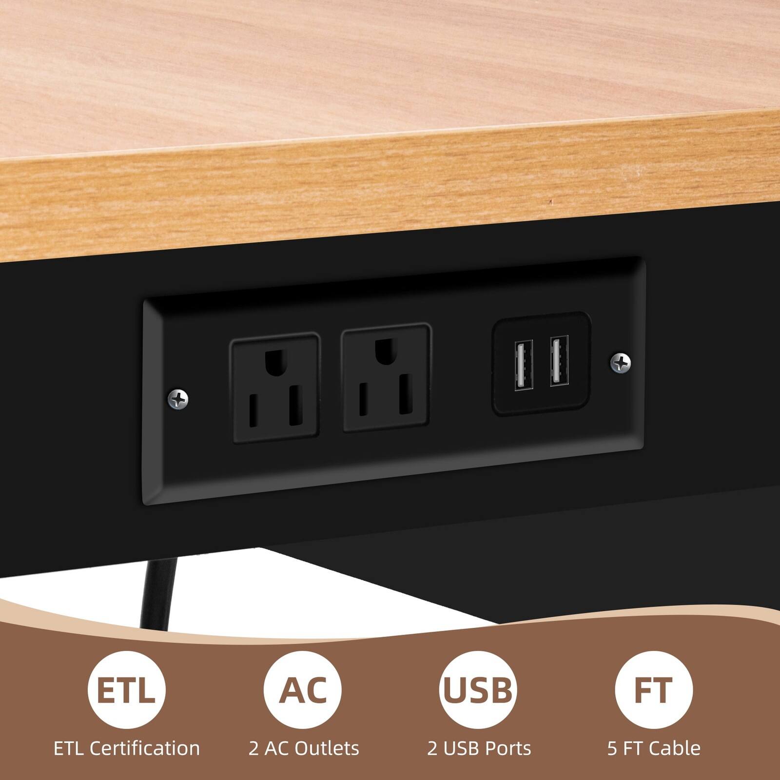 ETL AC USB FT  
ETL Certification  
2 AC Outlets  
2 USB Ports  
5 FT Cable