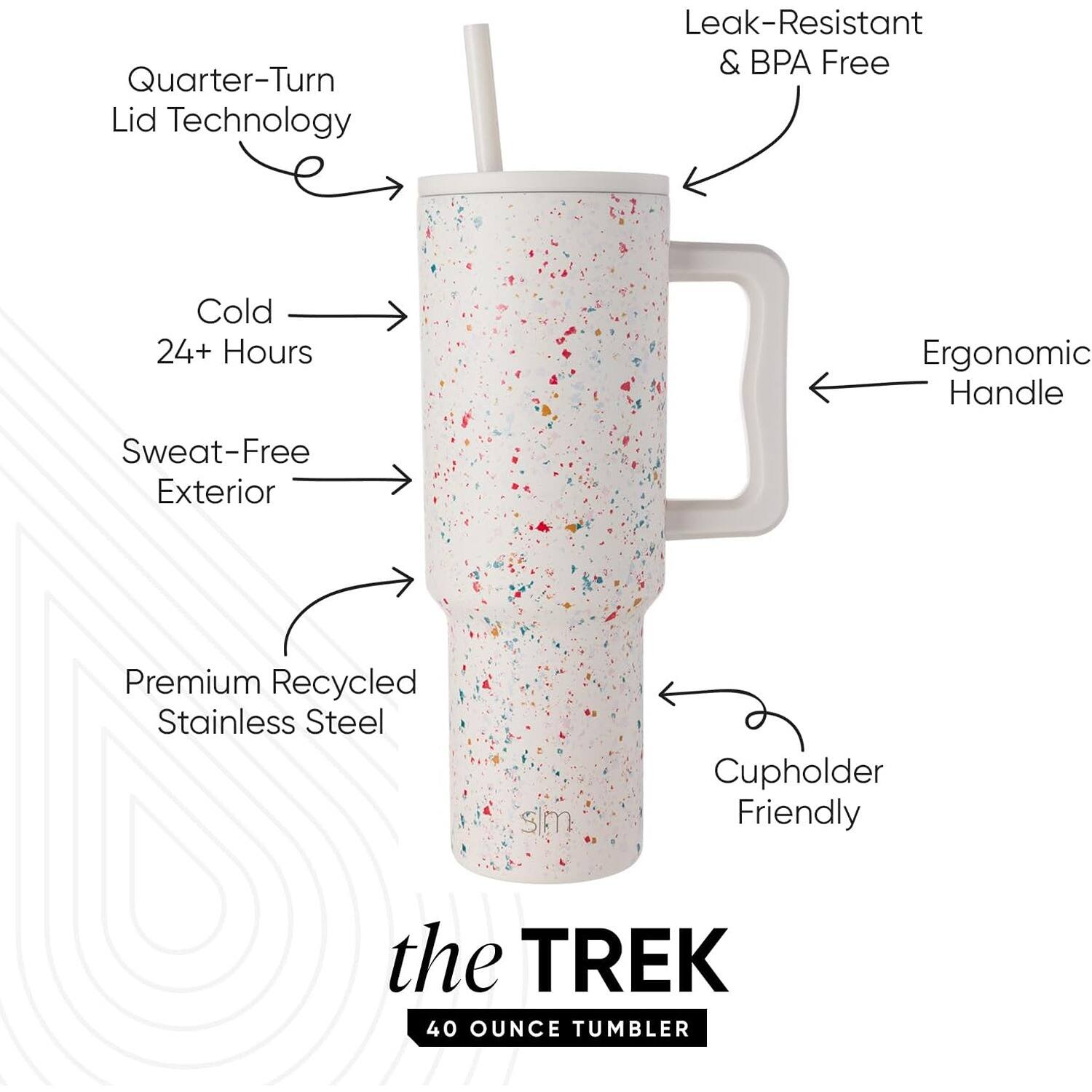 The text on the image can be grouped and corrected as follows:

- **Quarter-Turn Lid Technology**
- **Leak-Resistant & BPA Free**
- **Cold 24+ Hours**
- **Sweat-Free Exterior**
- **Ergonomic Handle**
- **Premium Recycled Stainless Steel**
- **Cupholder Friendly**
- **The TREK 40 Ounce Tumbler**