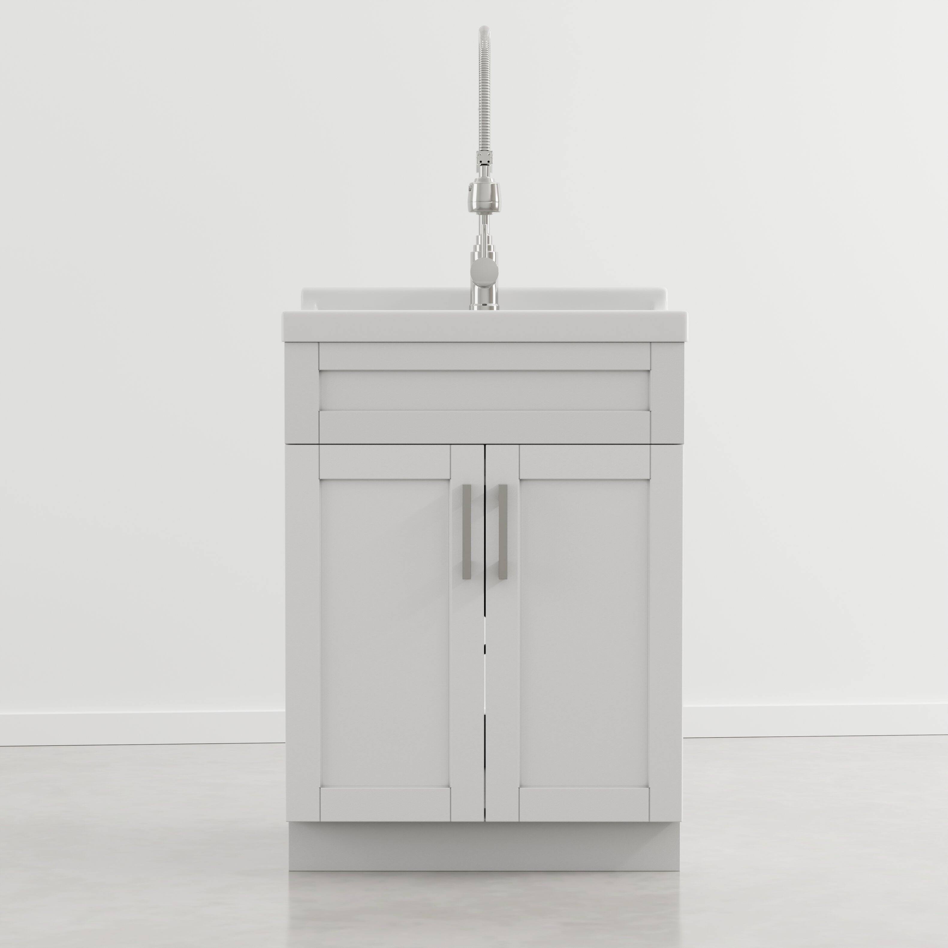 Left. Simpli Home - Hennessy 24 inch Wide Utility Sink and Laundry Cabinet, Glacier White - Glacier White.
