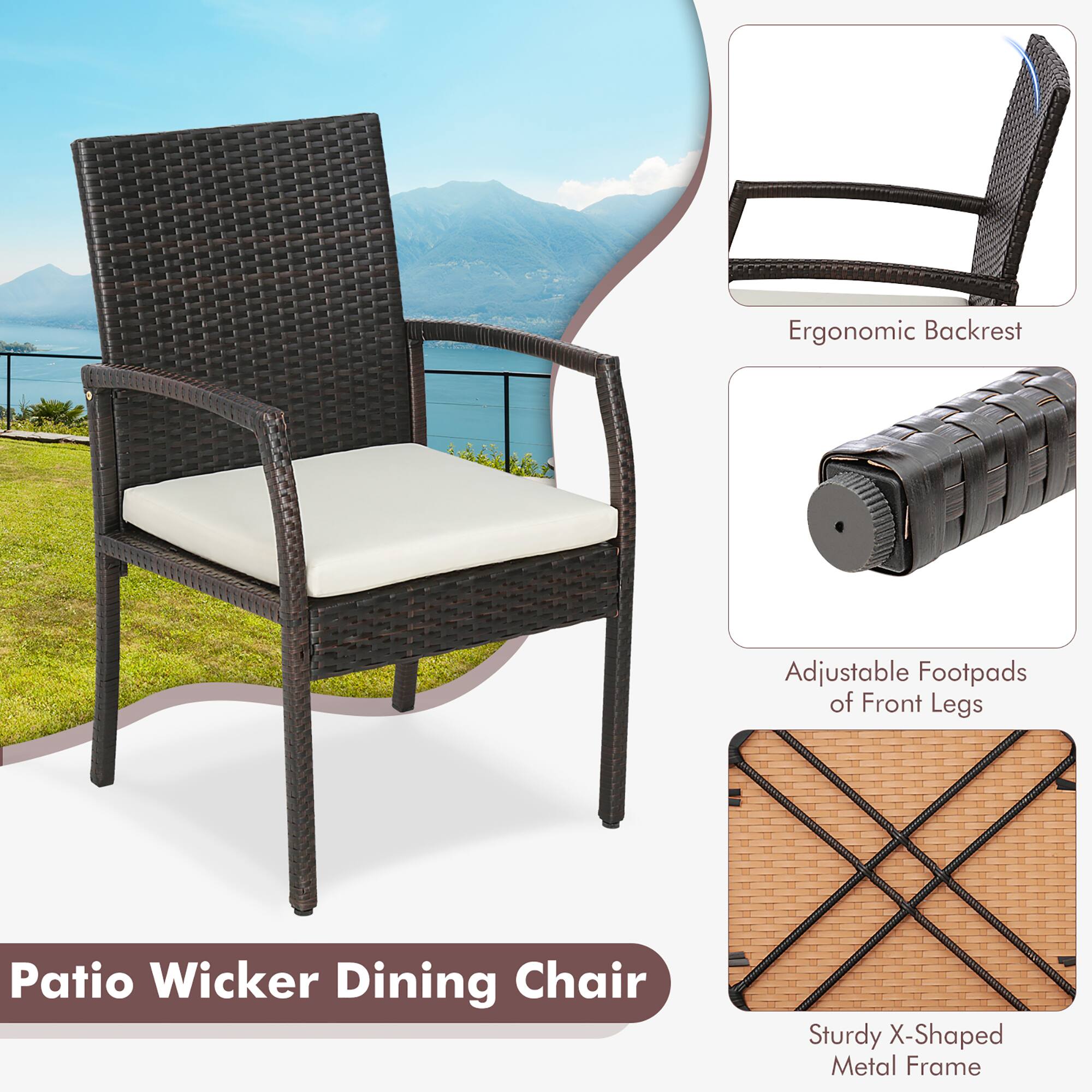 Ergonomic Backrest  
Adjustable Footpads of Front Legs  
Patio Wicker Dining Chair  
Sturdy X-Shaped Metal Frame