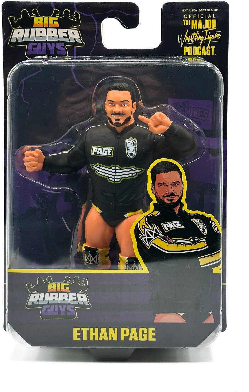 BIG RUBBER GUYS  
NOT A TOY AGES 18 & UP  
OFFICIAL THE MAJOR Wrestling Figure PODCAST  

ETHAN PAGE  

BIG RUBBER GUYS  
ETHAN PAGE