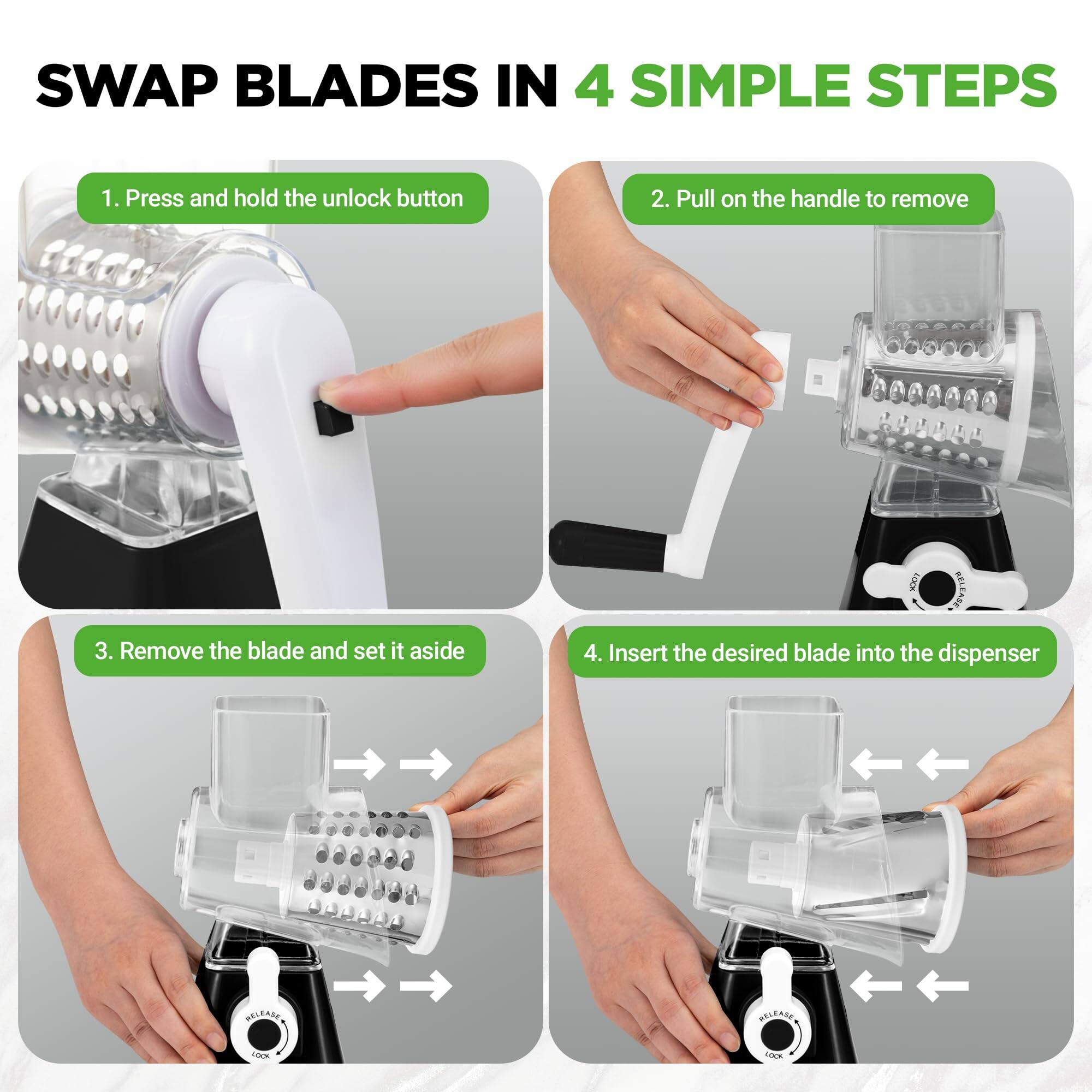 SWAP BLADES IN 4 SIMPLE STEPS

1. Press and hold the unlock button
2. Pull on the handle to remove
3. Remove the blade and set it aside
4. Insert the desired blade into the dispenser