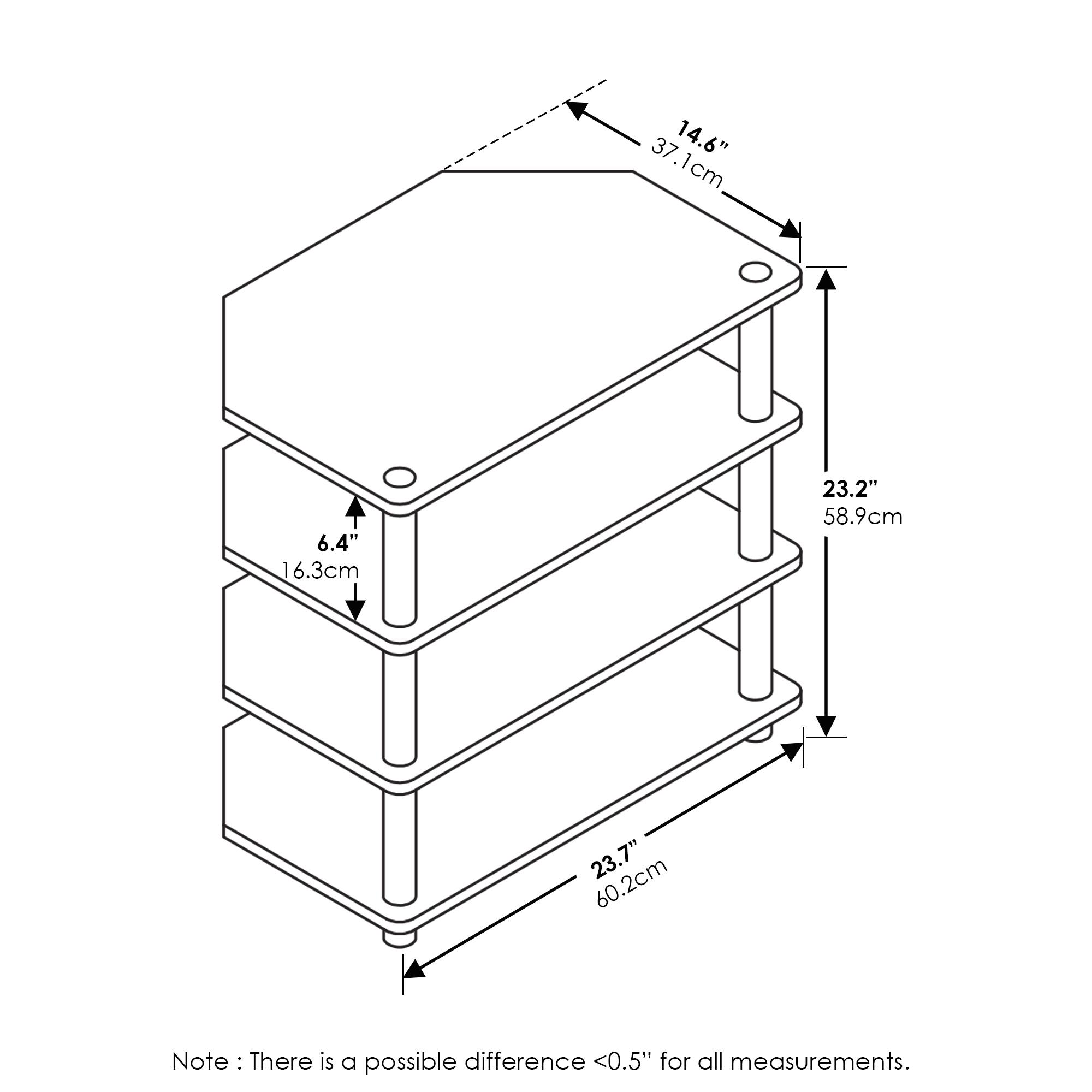 - 14.6" (37.1 cm)
- 6.4" (16.3 cm)
- 23.2" (58.9 cm)
- 23.7" (60.2 cm)

Note: There is a possible difference <0.5" for all measurements.