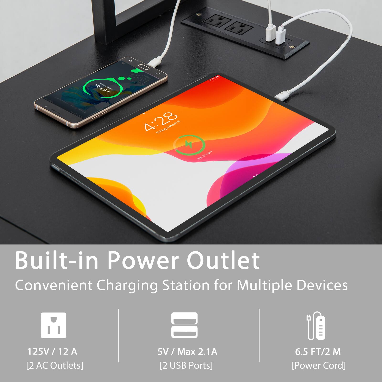 Built-in Power Outlet, Convenient Charging Station for Multiple Devices, 125V/12 A [2 AC Outlets], 5V/Max 2.1A [2 USB Ports], 6.5 FT/2 M [Power Cord]