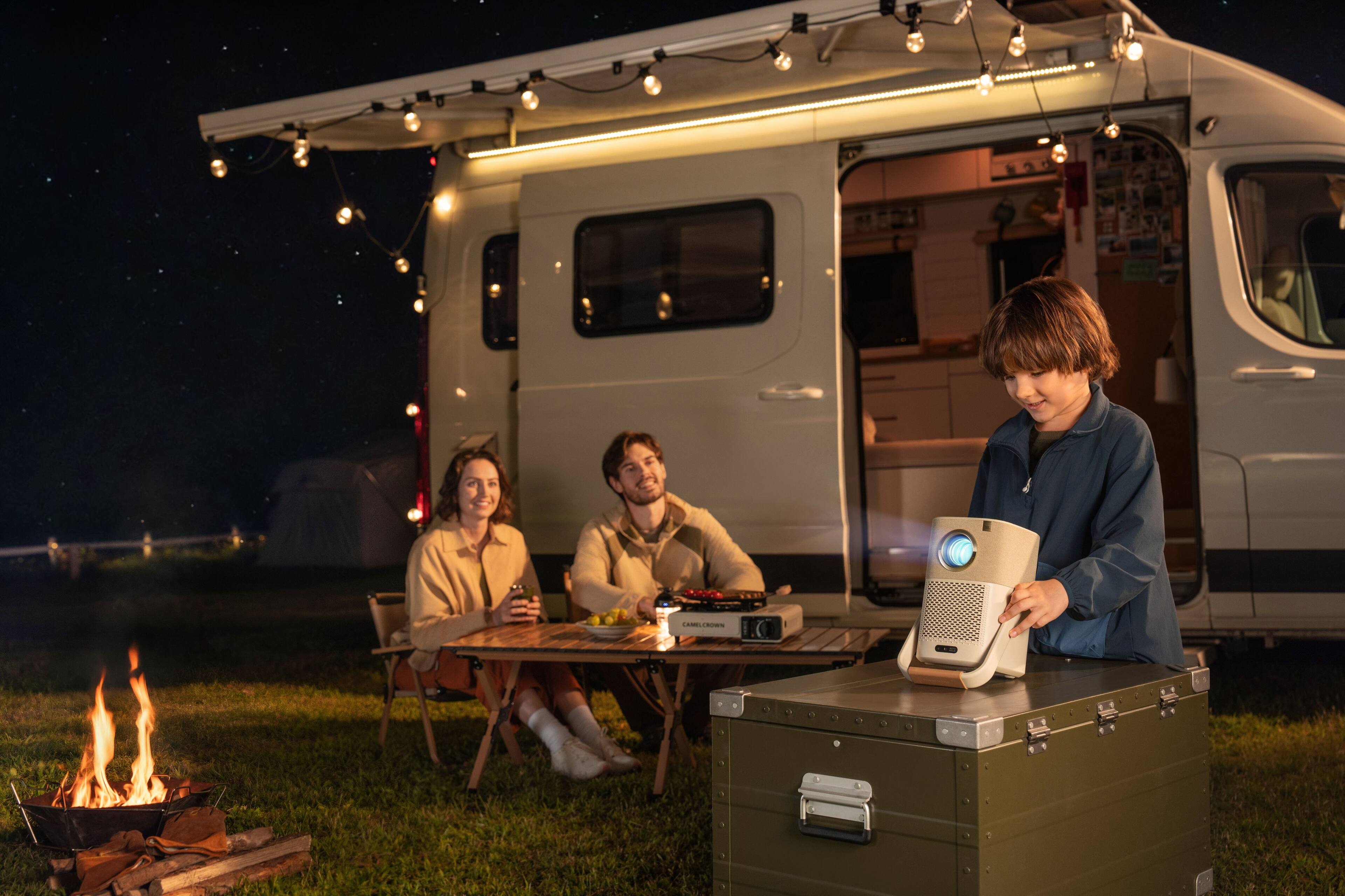 Alt View 2. Yaber - T2 Plus GTV Outdoor Projector - Smart Projector WiFi 6 & Bluetooth, Native 1080P Portable Projector for Indoor & Outdoor - Beige.