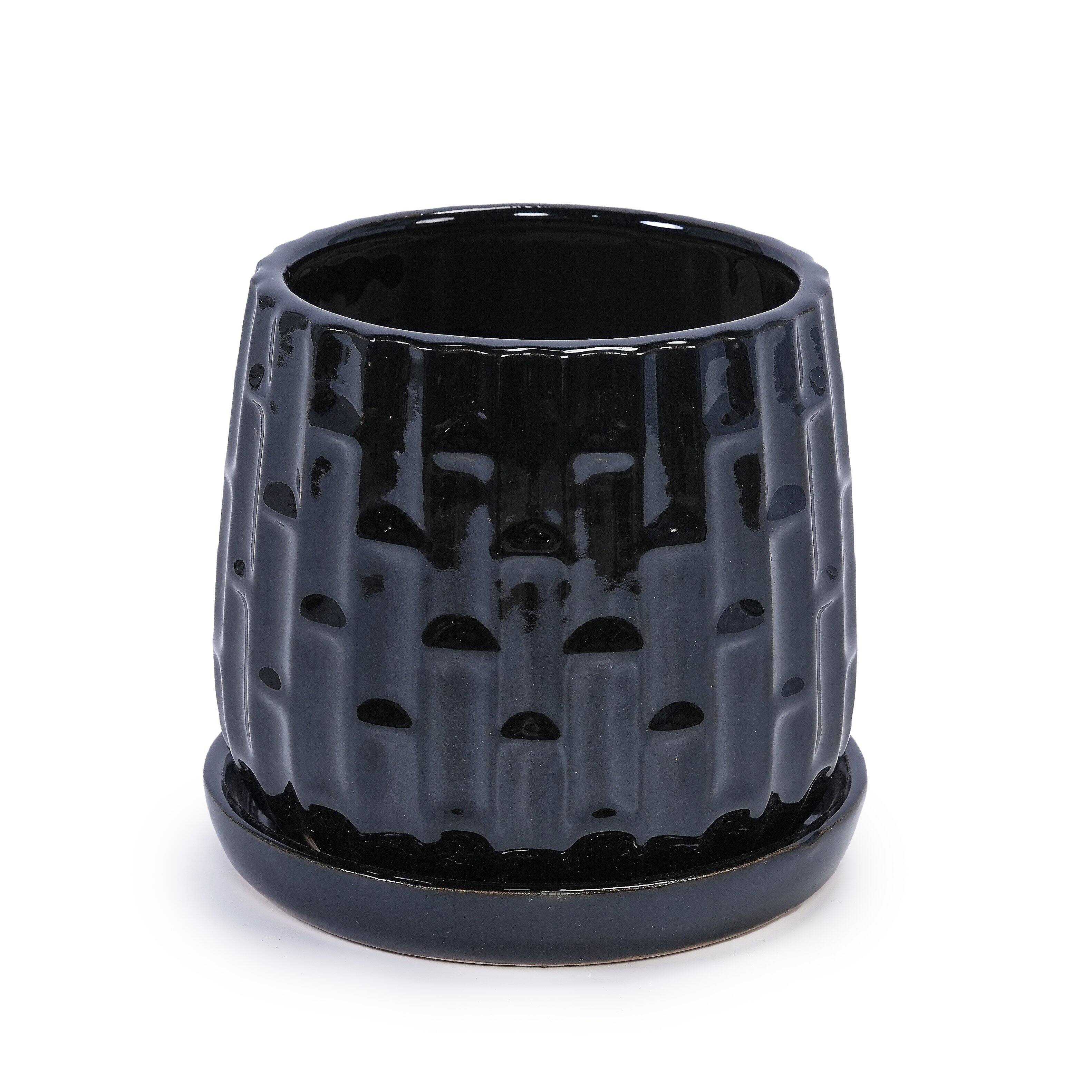 Alt View 9. Loheer - Loheer Ceramic Orchid Pot Set, Handmade Black Planter with Saucer, Breathable Clay, Groove Pattern, 6 and 8 Inch.