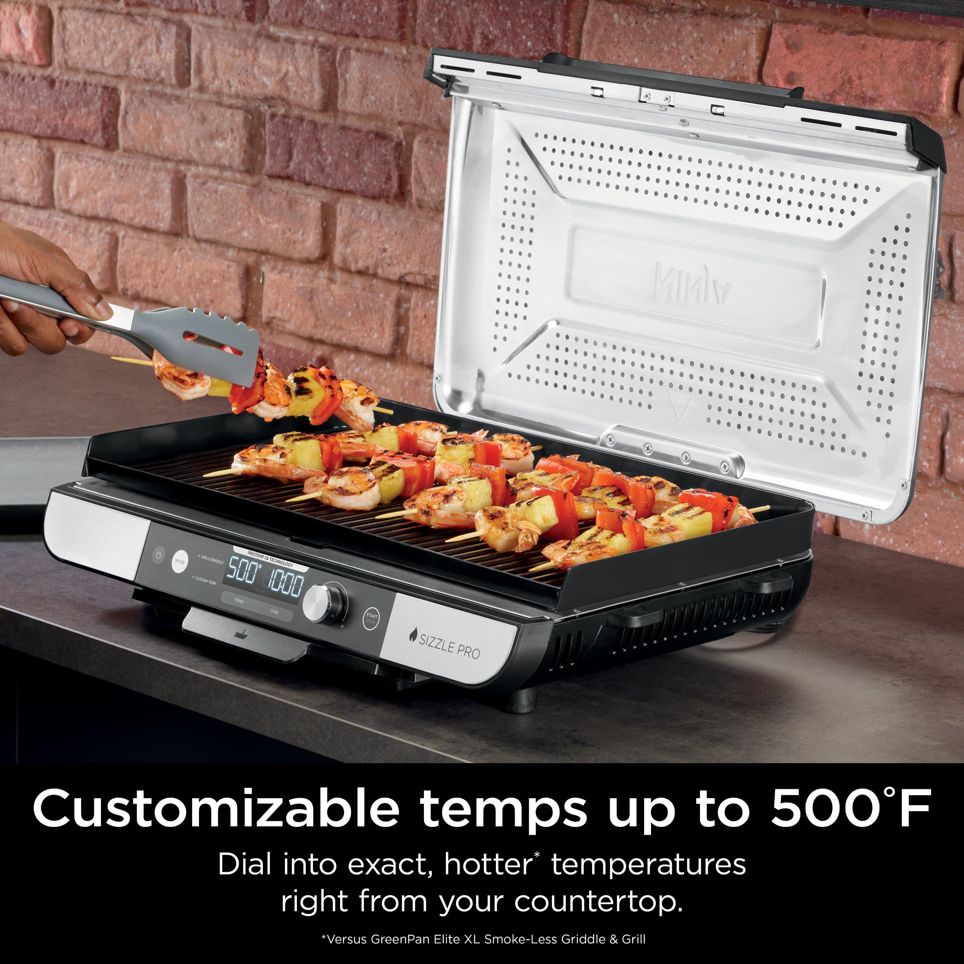 NINJA - 500 10:00 - SIZZLE PRO Customizable temps up to 500F Dial into exact, hotter temperatures right from your countertop. Versus GreenPan Elite XL Smoke-Less Uss Griddle & Grill.