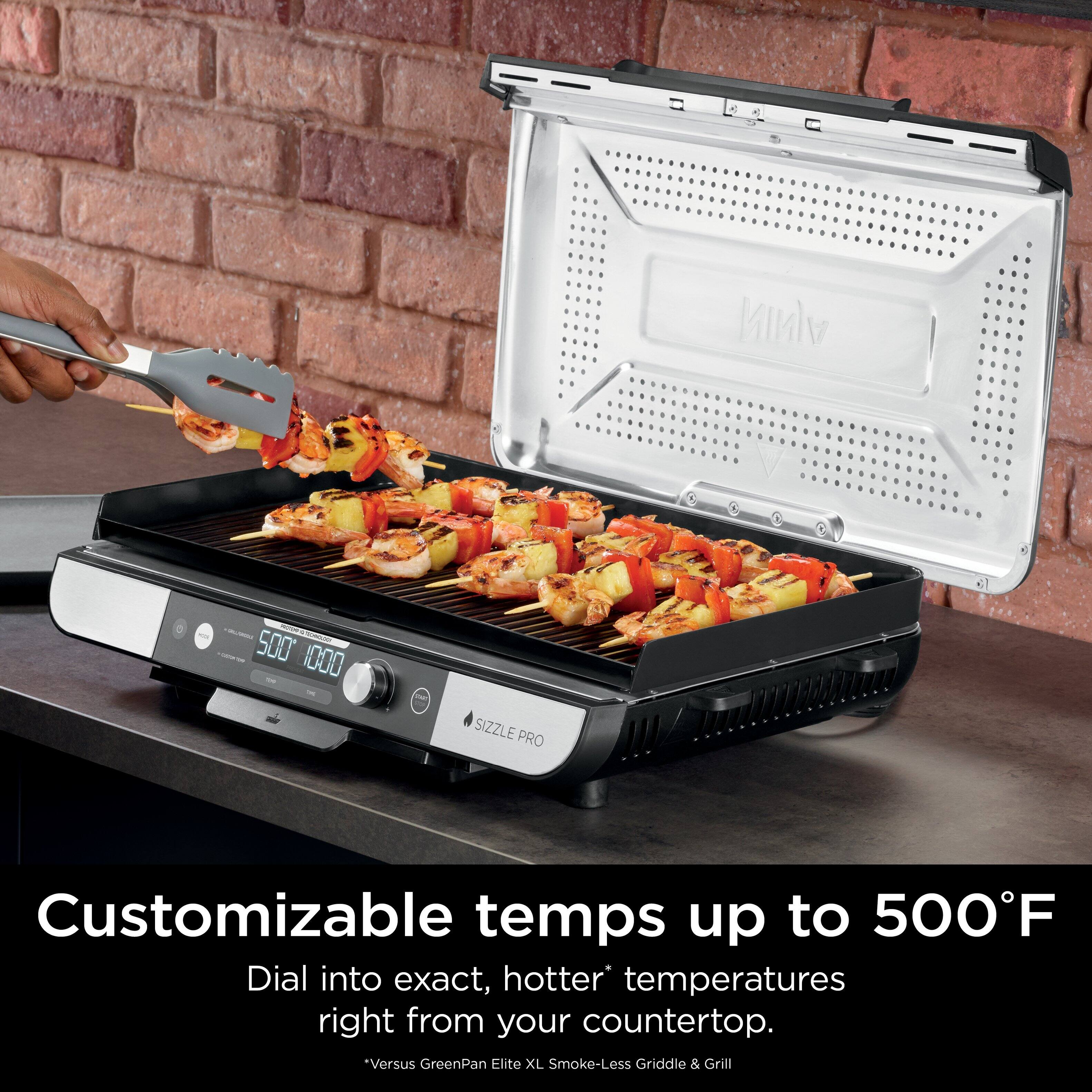 NINJA - 500 10:00 - SIZZLE PRO Customizable temps up to 500F Dial into exact, hotter temperatures right from your countertop. Versus GreenPan Elite XL Smoke-Less Uss Griddle & Grill.