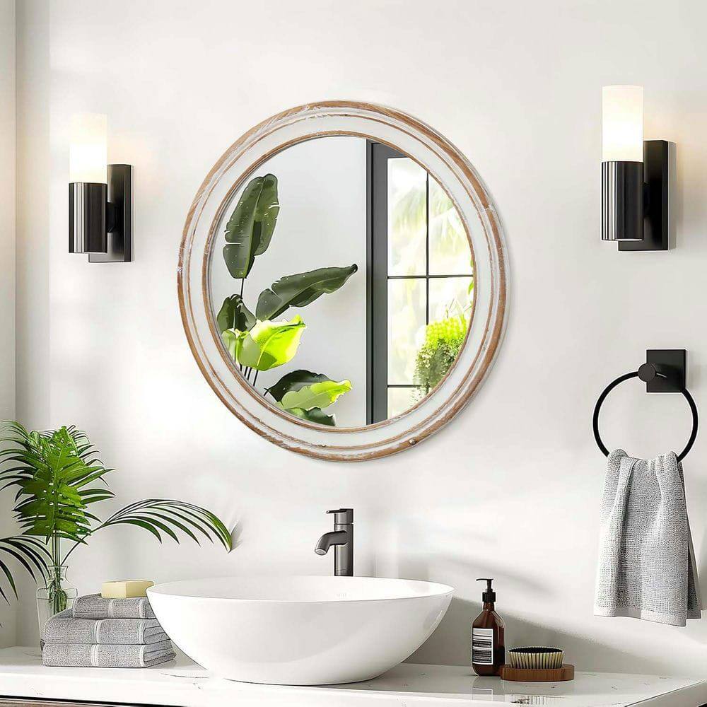 Alt View 5. Kadyn - 27.5" Round Farmhouse Wooden Mirror with Whitewash Frame, Decorative Hanging Mirror for Entryway/Kitchen, Natural.