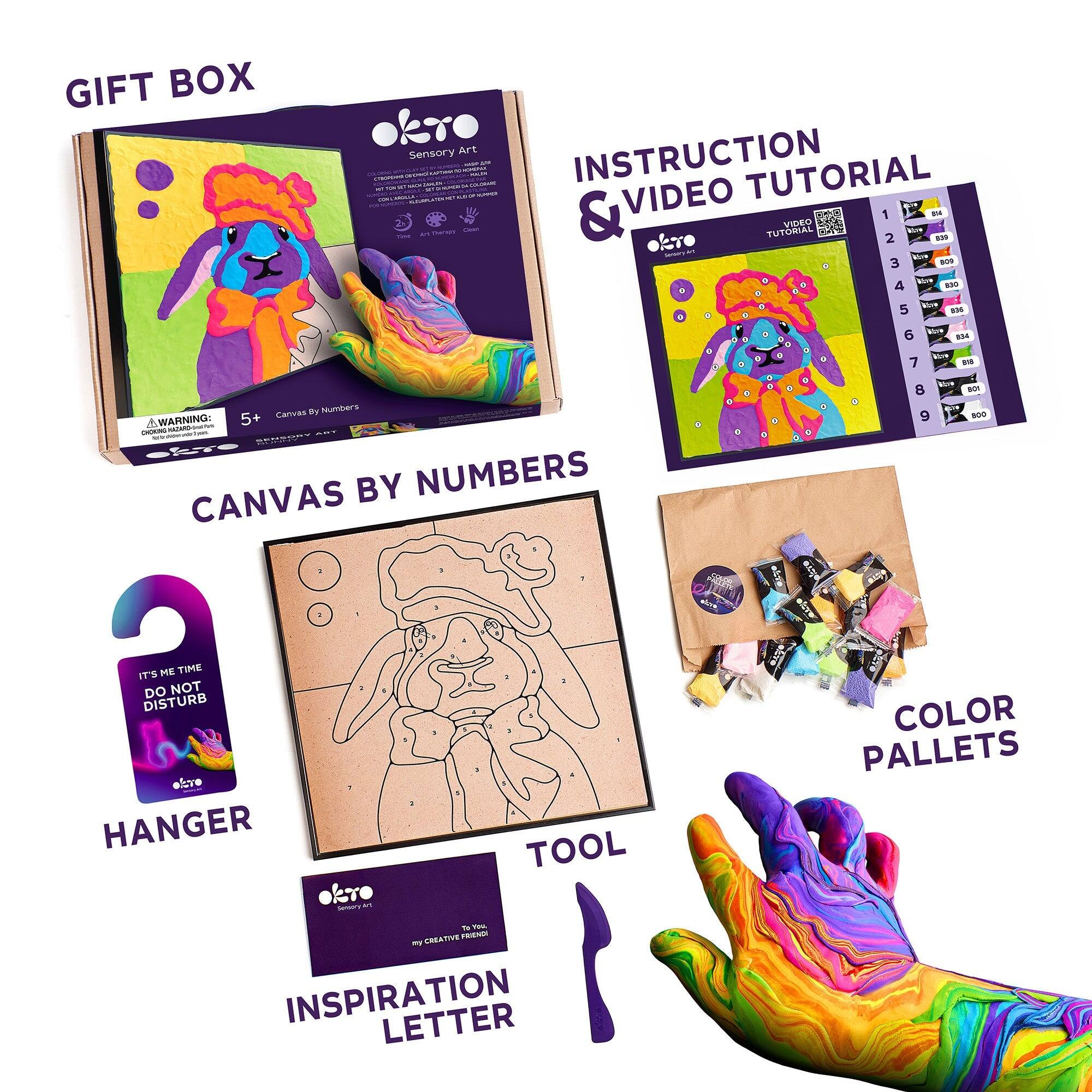 GIFT BOX, INSTRUCTION VIDEO TUTORIAL, CANVAS BY NUMBERS, HANGER, TOOL, COLOR PALLETS, INSPIRATION LETTER