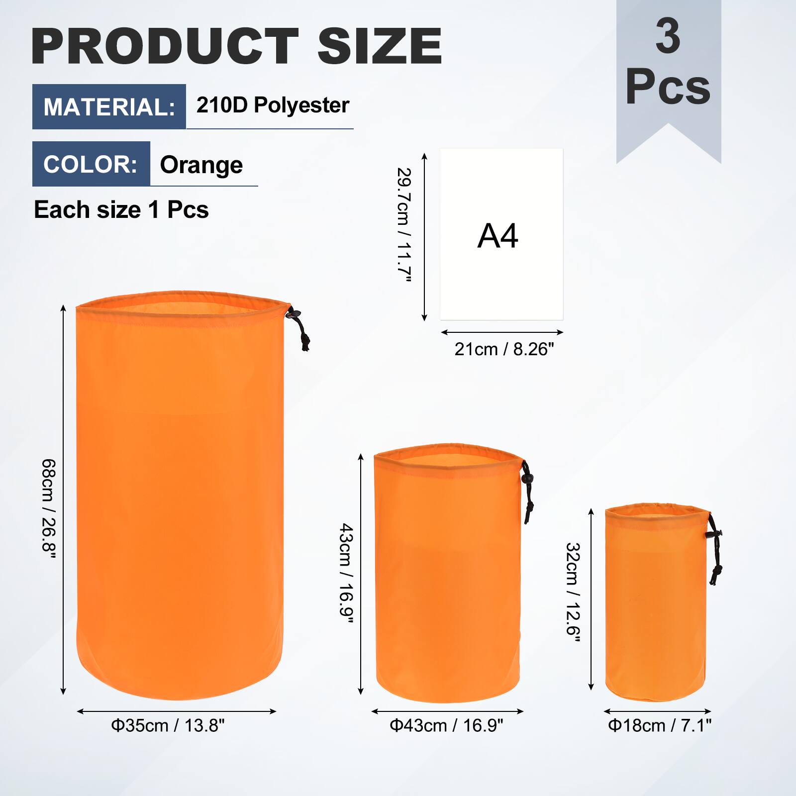 PRODUCT SIZE  
MATERIAL: 210D Polyester  
COLOR: Orange  
Each size 1 Pcs  

- 29.7cm / 11.7"  
- 21cm / 8.26"  
- 68cm / 26.8"  
- 35cm / 13.8"  
- 43cm / 16.9"  
- 32cm / 12.6"  
- 18cm / 7.1"  

3 Pcs