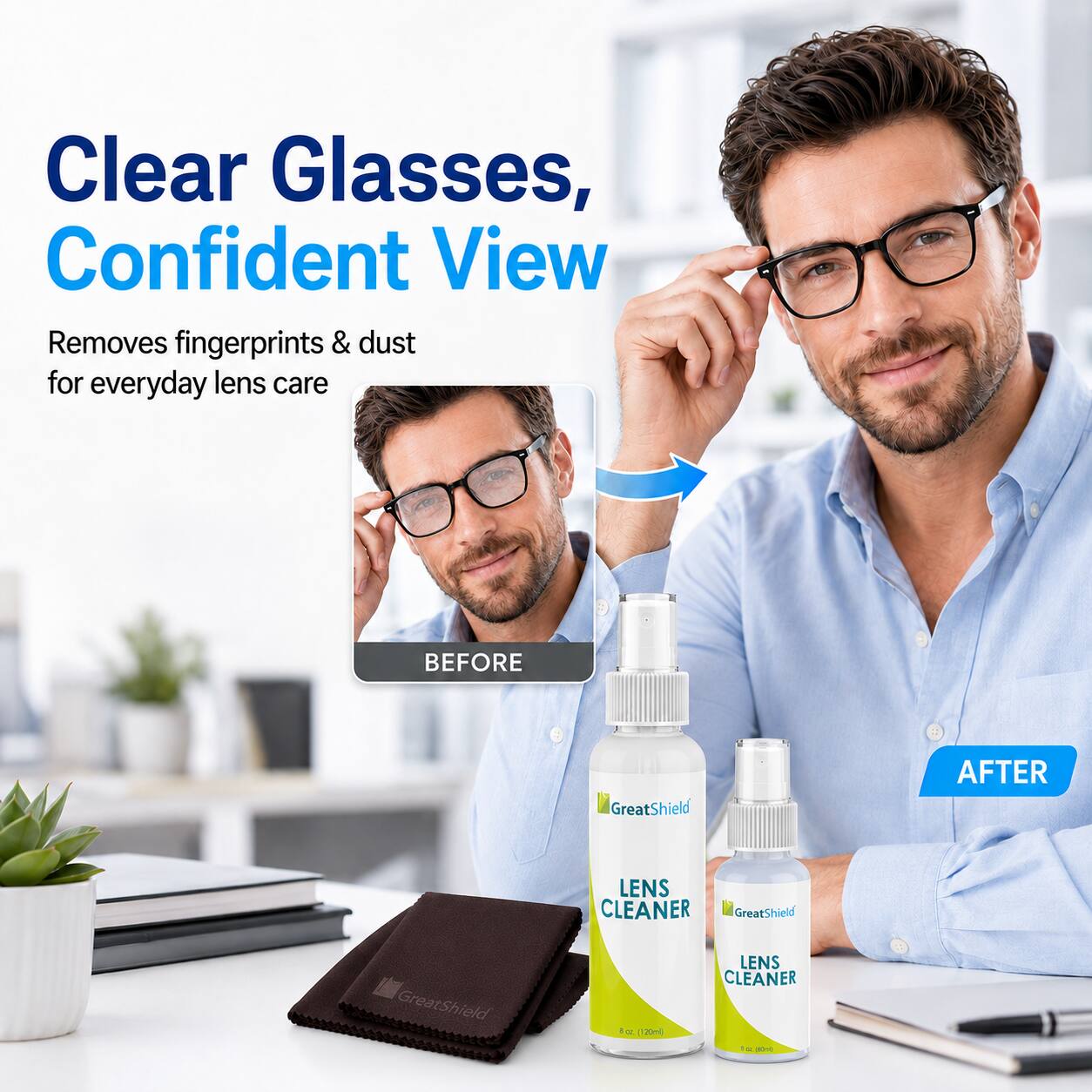 Clear Glasses, Confident View  
Removes fingerprints & dust for everyday lens care  

BEFORE  
AFTER  

GreatShield  
12000 LENS CLEANER - M