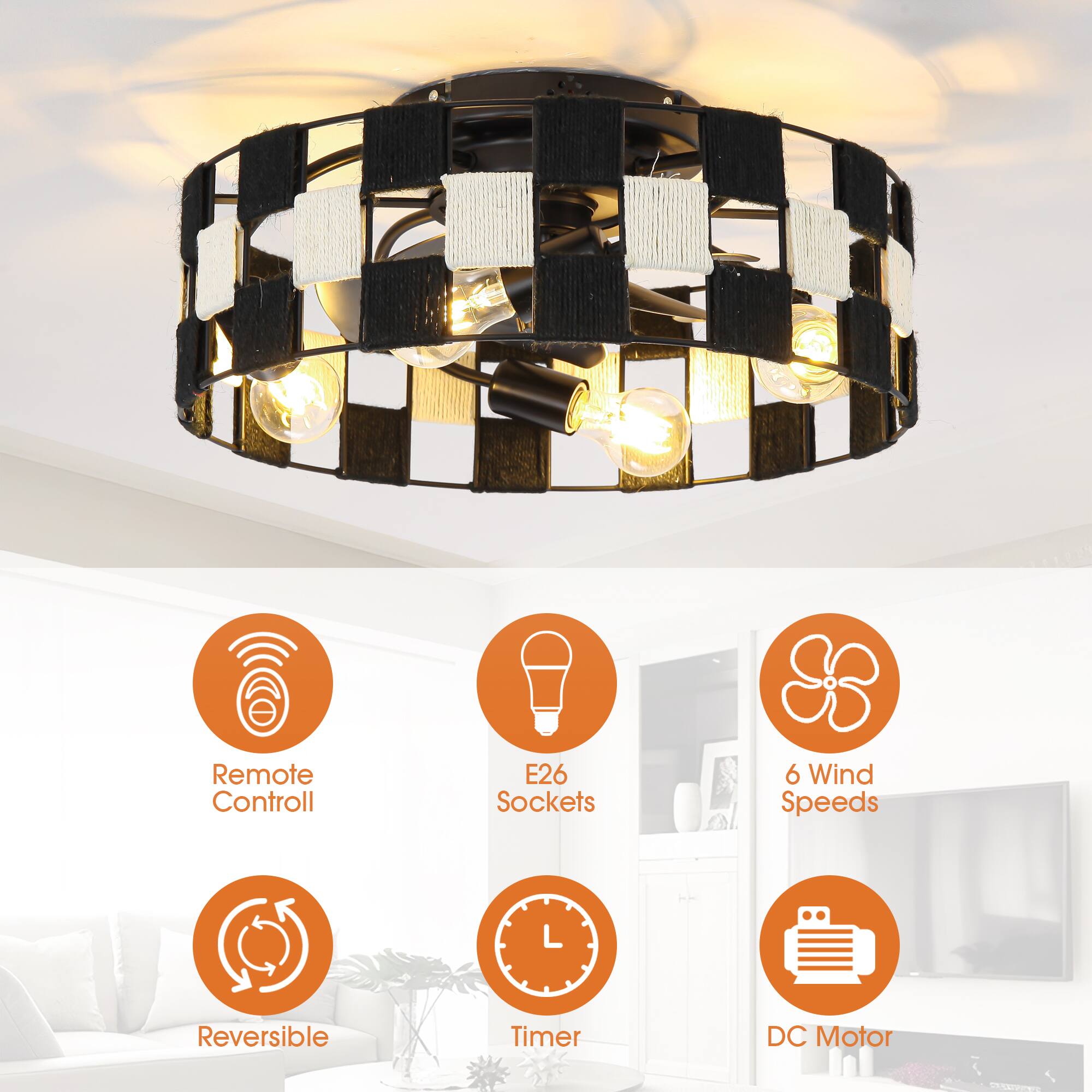 Remote Control  
E26 Sockets  
6 Wind Speeds  
Reversible  
Timer  
DC Motor