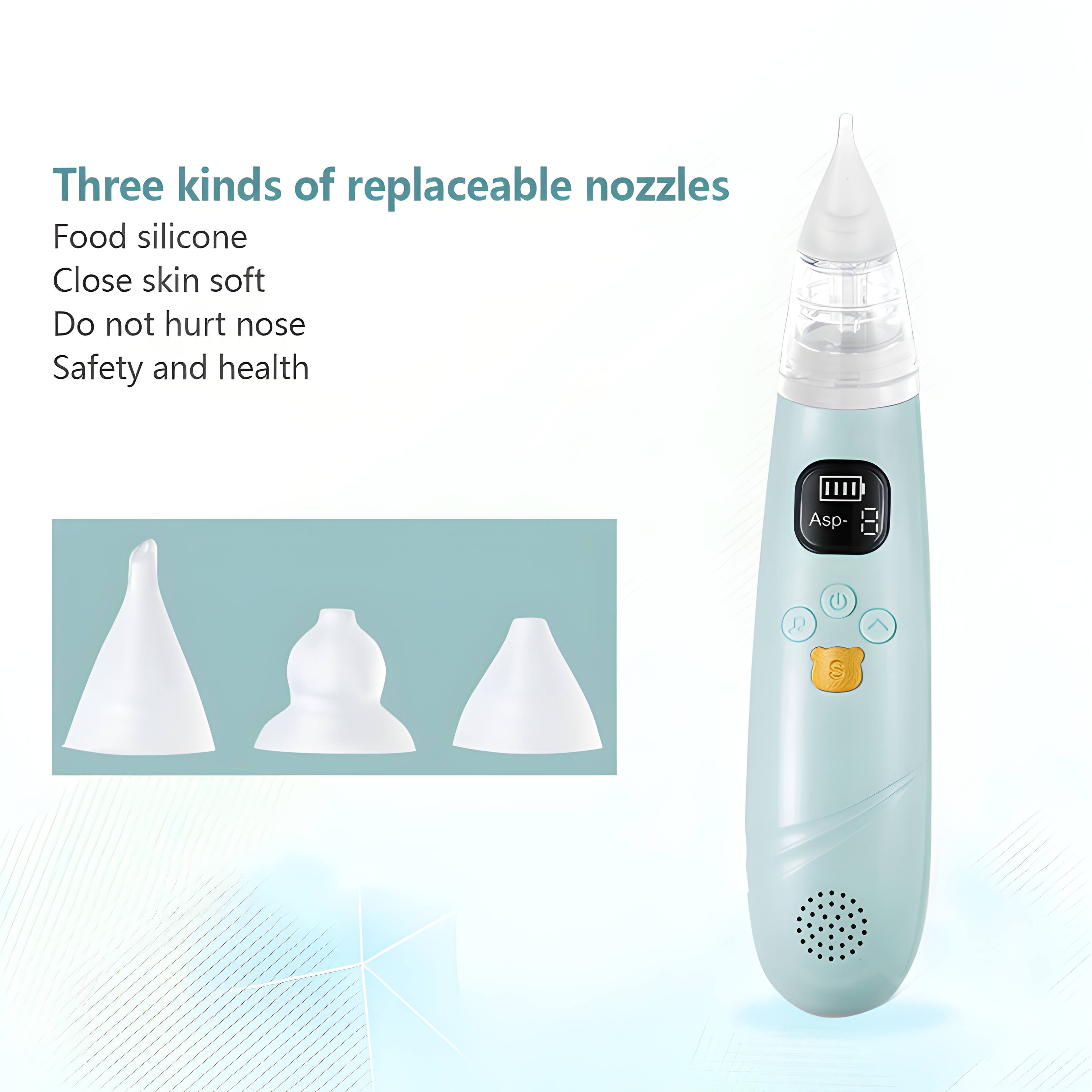 Three kinds of replaceable nozzles  
Food silicone  
Close skin soft  
Do not hurt nose  
Safety and health