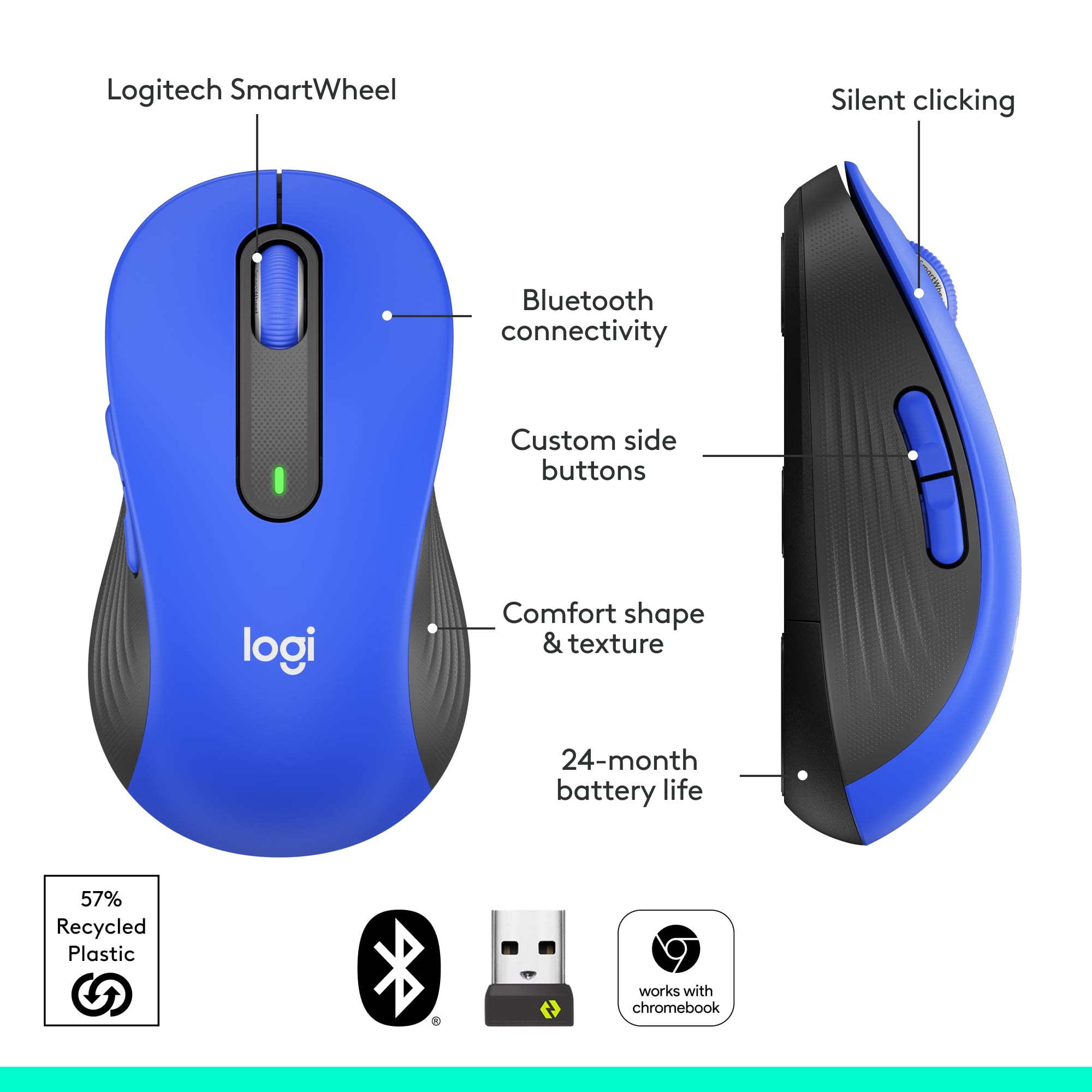 Logitech SmartWheel Silent clicking Bluetooth connectivity Custom side buttons Comfort shape & texture 24-month battery life 57% Recycled Plastic works with chromebook