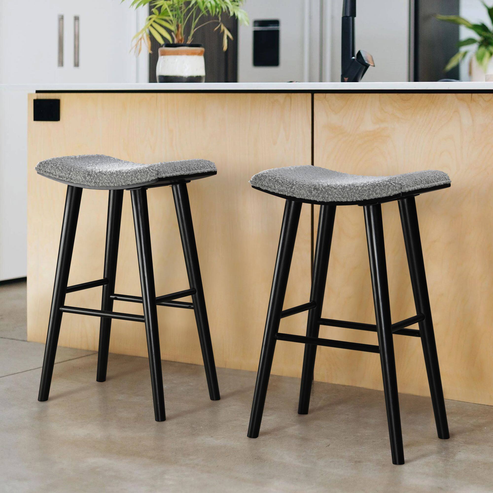 Angle. LuXeo - Luna 29 in. Black Backless Wood Saddle Bar Stools with Gray Boucle Fabric Seat (Set of 2) - Black/Gray.