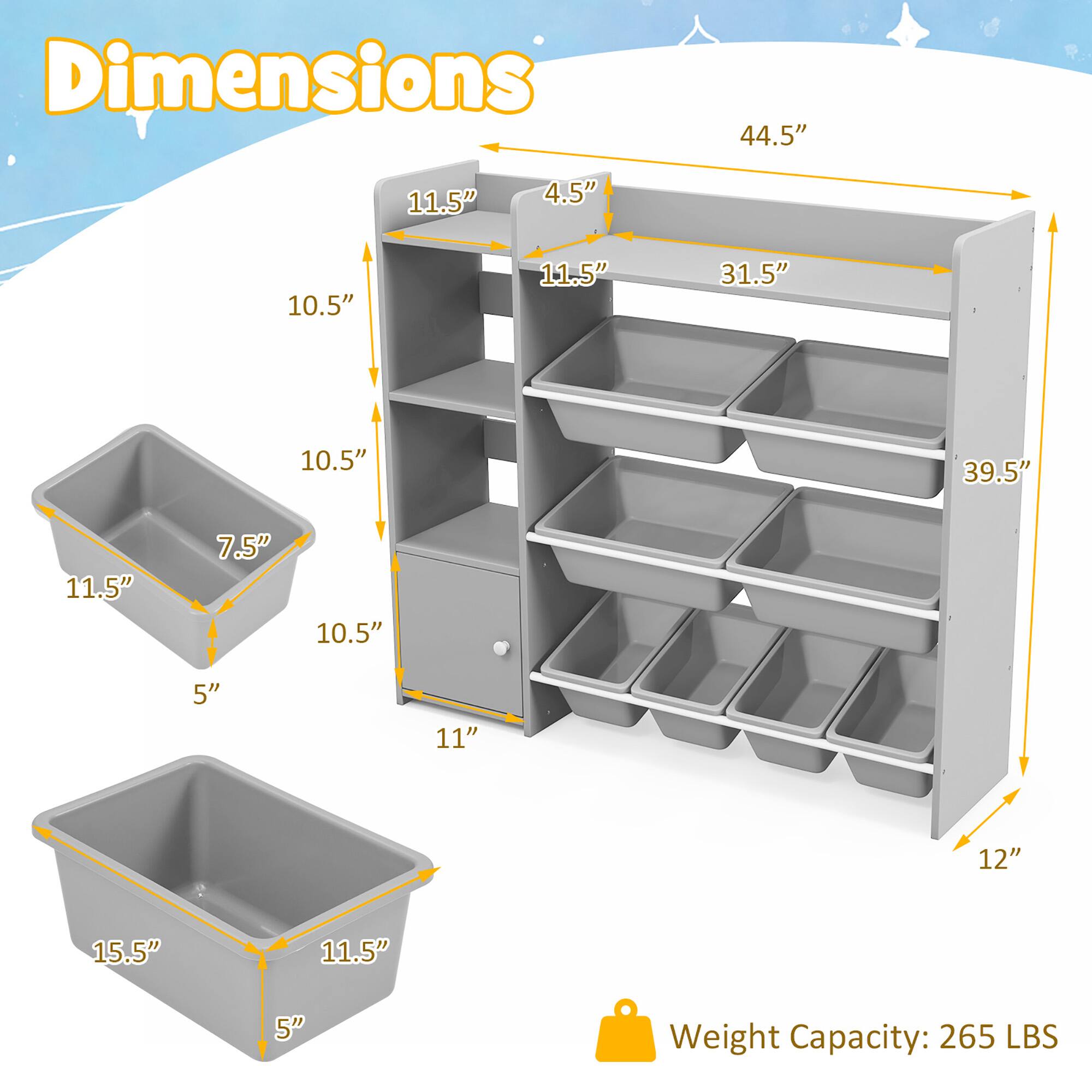 Dimensions: 44.5" x 31.5" x 39.5" x 12"  
Trays: 11.5" x 11.5" x 5"  
Trays: 11" x 15.5" x 5"  
Trays: 7.5" x 10.5" x 5"  
Weight Capacity: 265 LBS