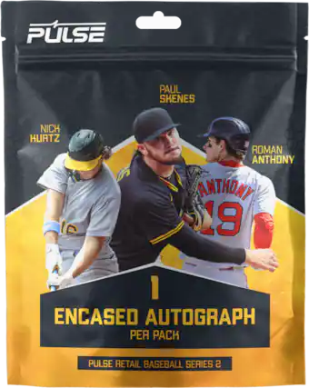 PULSE
PAUL SKENES
NICK HURTZ
ROMAN ANTHONY
1 ENCASED AUTOGRAPH PER PACK
PULSE RETAIL BASEBALL SERIES 2
