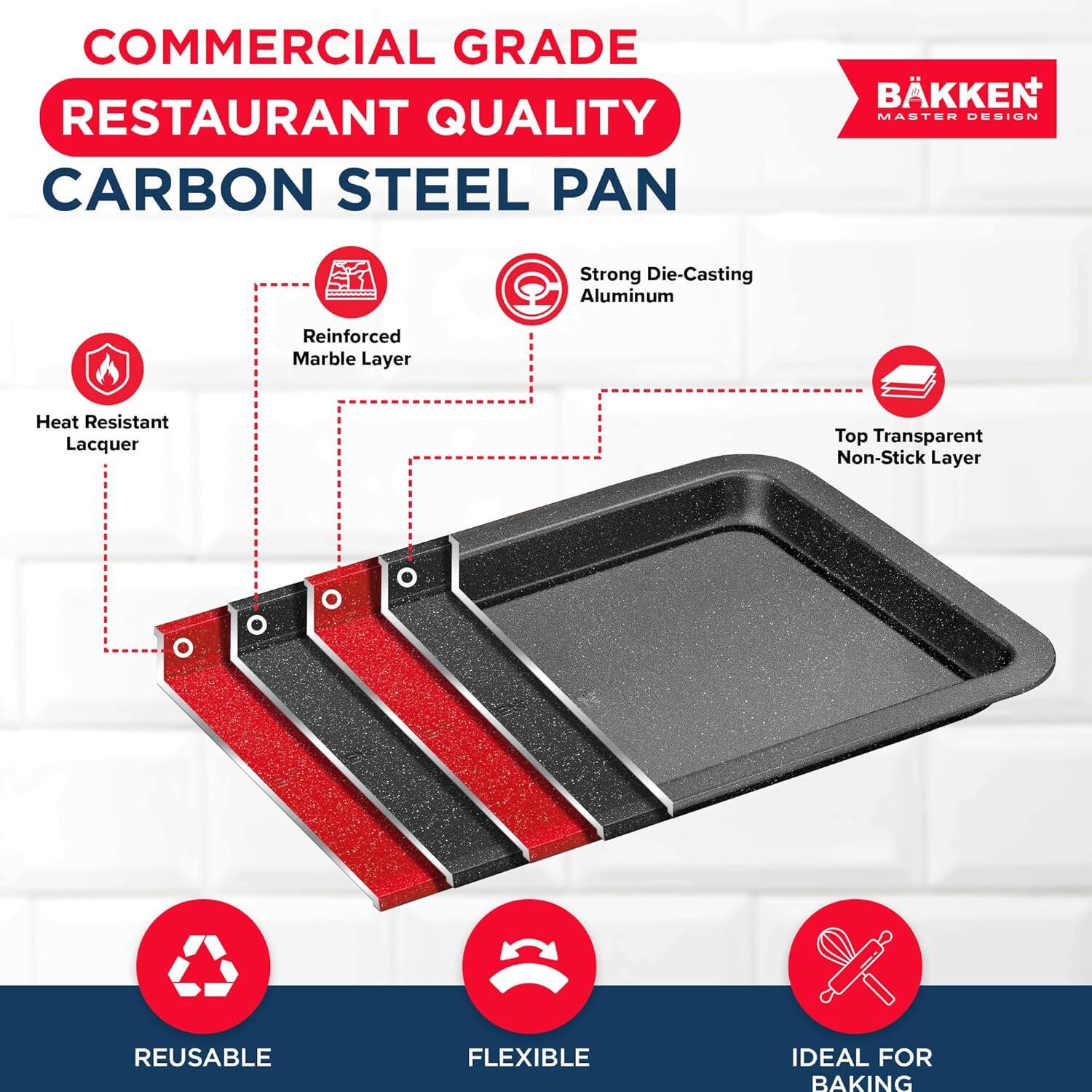 COMMERCIAL GRADE RESTAURANT QUALITY CARBON STEEL PAN BKKEN MASTER DESIGN
Strong Die-Casting Aluminum
Reinforced Marble Layer
Heat Resistant Lacquer
Top Transparent Non-Stick Layer
REUSABLE
FLEXIBLE
IDEAL FOR BAKING