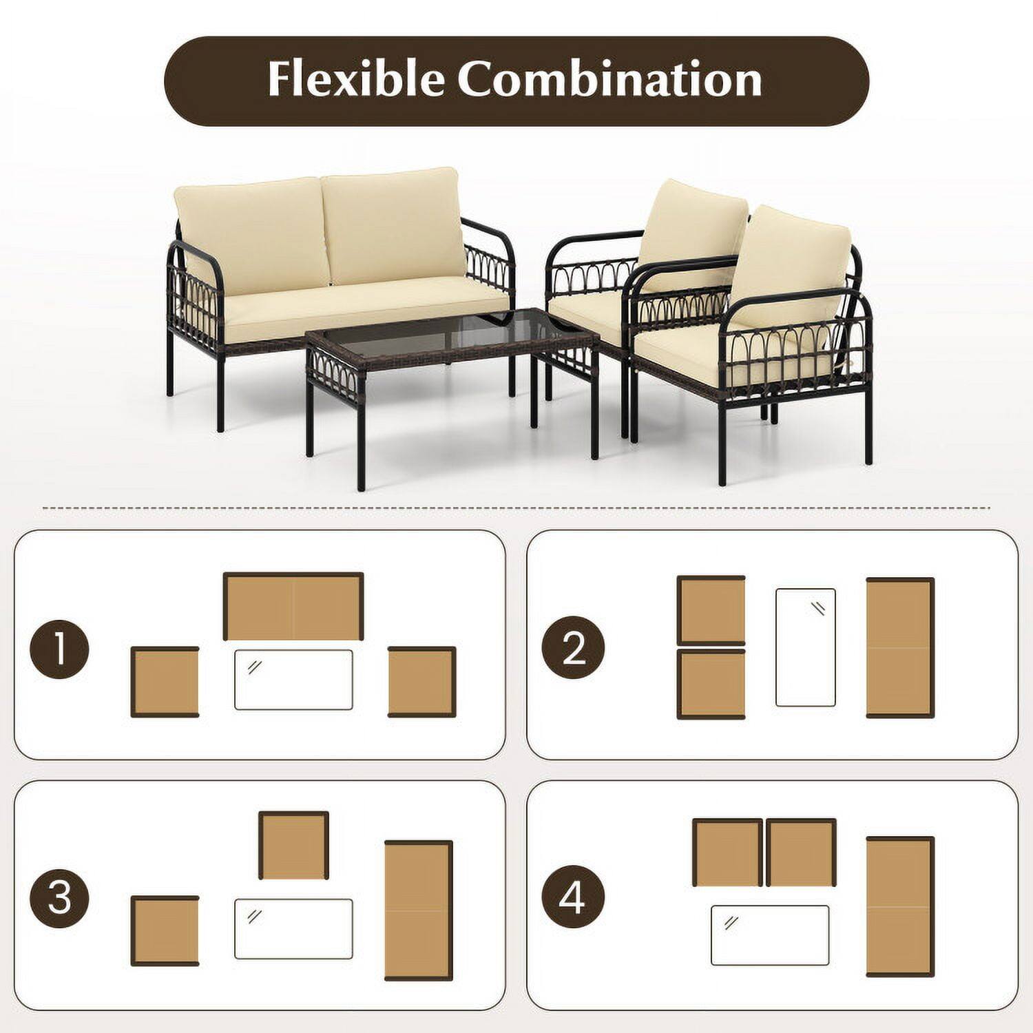 Flexible Combination

1. [Diagram of a sofa and two armchairs]

2. [Diagram of a sofa and a coffee table]

3. [Diagram of a sofa and a side table]

4. [Diagram of a sofa and a side table]