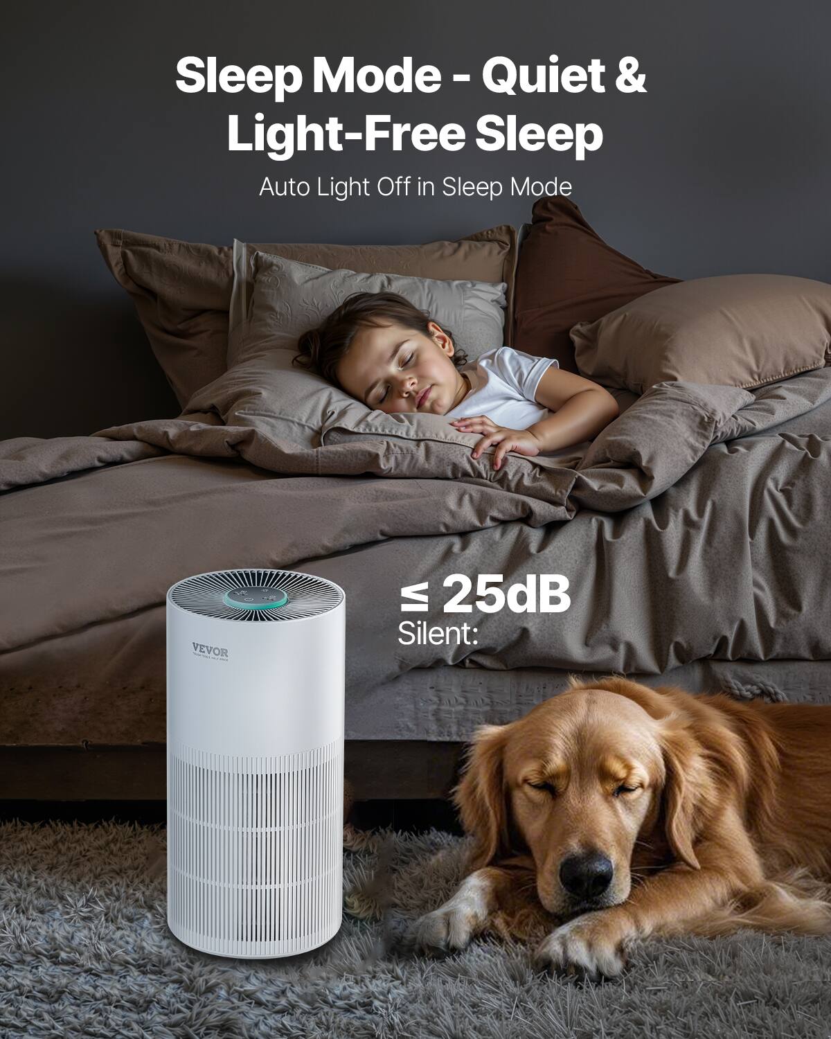 Sleep Mode - Quiet & Light-Free Sleep  
Auto Light Off in Sleep Mode  

≤ 25dB Silent:  

VEVOR