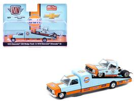M2 - 1973 Chevrolet C30 Wedge Truck Light Blue & Orange and 1978 Chevrolet Silverado 10 Bedless #15 Rusted "Gulf Oil" 1/64 - Light Blue and Orange