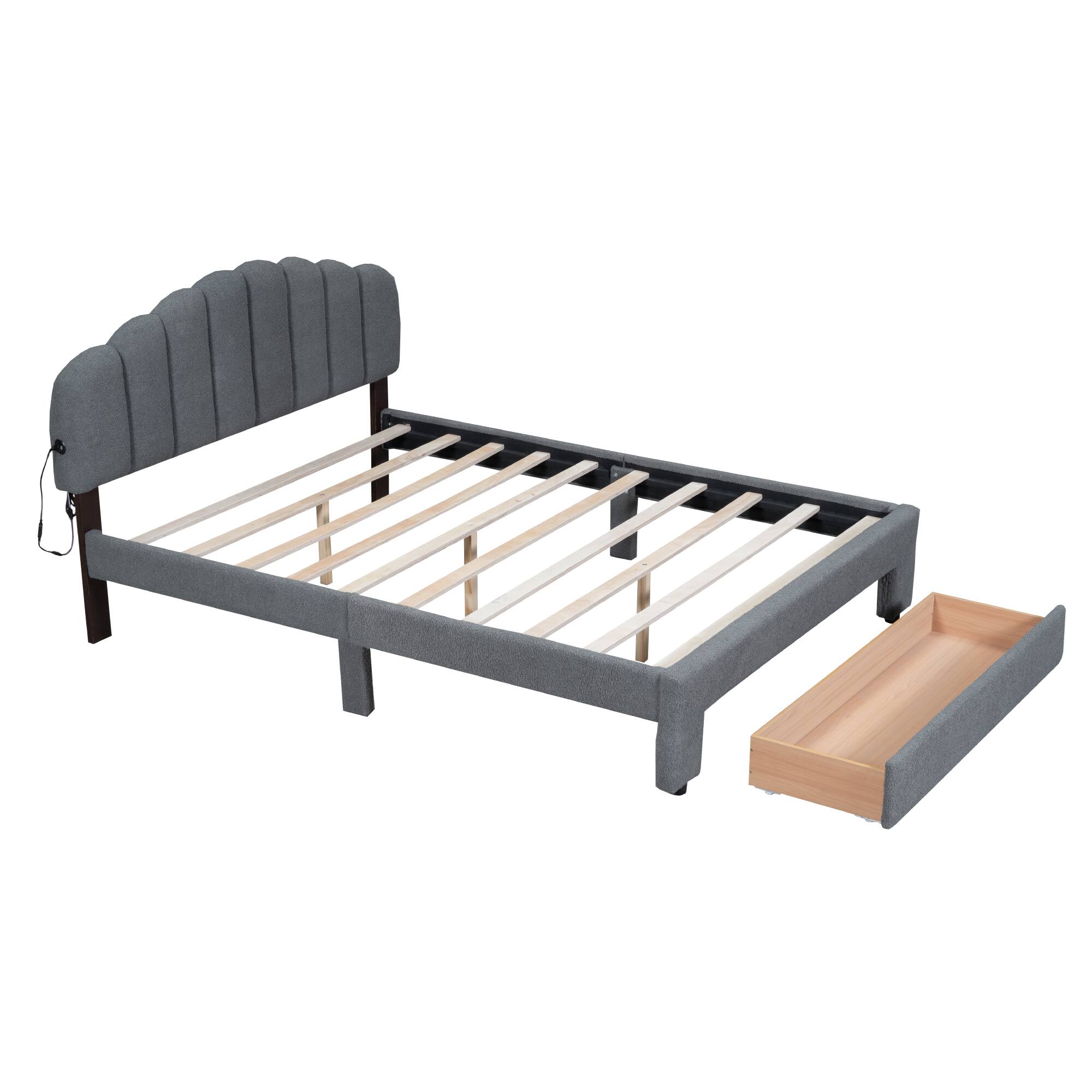 Alt View 2. Tiramisubest - Teddy Fleece Queen Size Upholstered Platform Bed with Drawer, Gray - Gray.