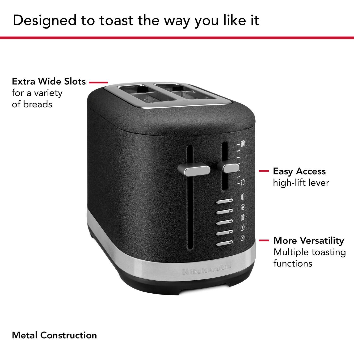 Designed to toast the way you like it, this toaster has extra wide slots for a variety of breads, making it easy to access with a high-lift lever. The toaster also offers more versatility with multiple toasting functions and is made of metal construction.
