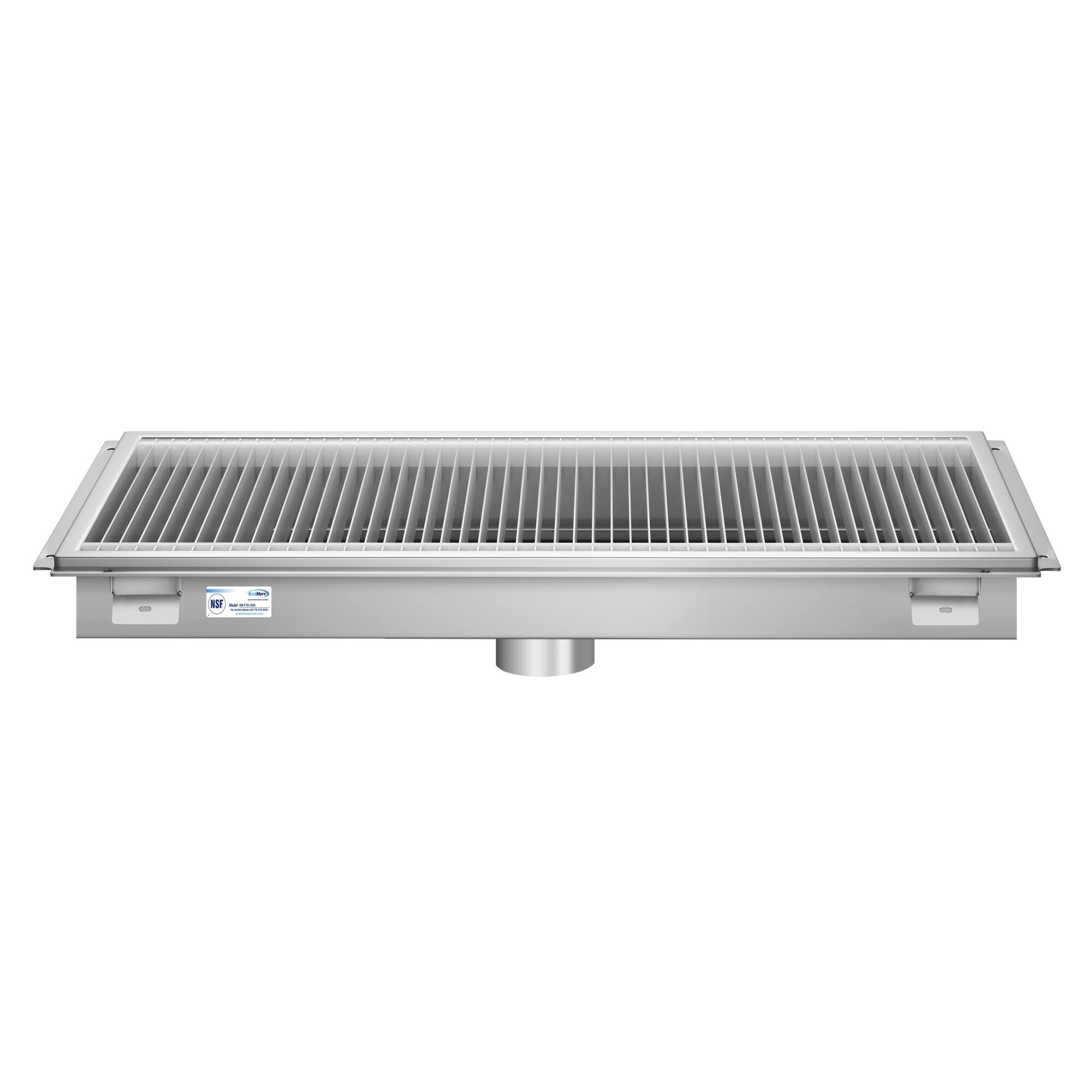 Back. Koolmore - 18" x 36" Stainless Steel Floor Trough Drain, 14-Gauge with Subway-Style Grating & Removable Drain Basket, NSF Listed - Stainless-Steel.