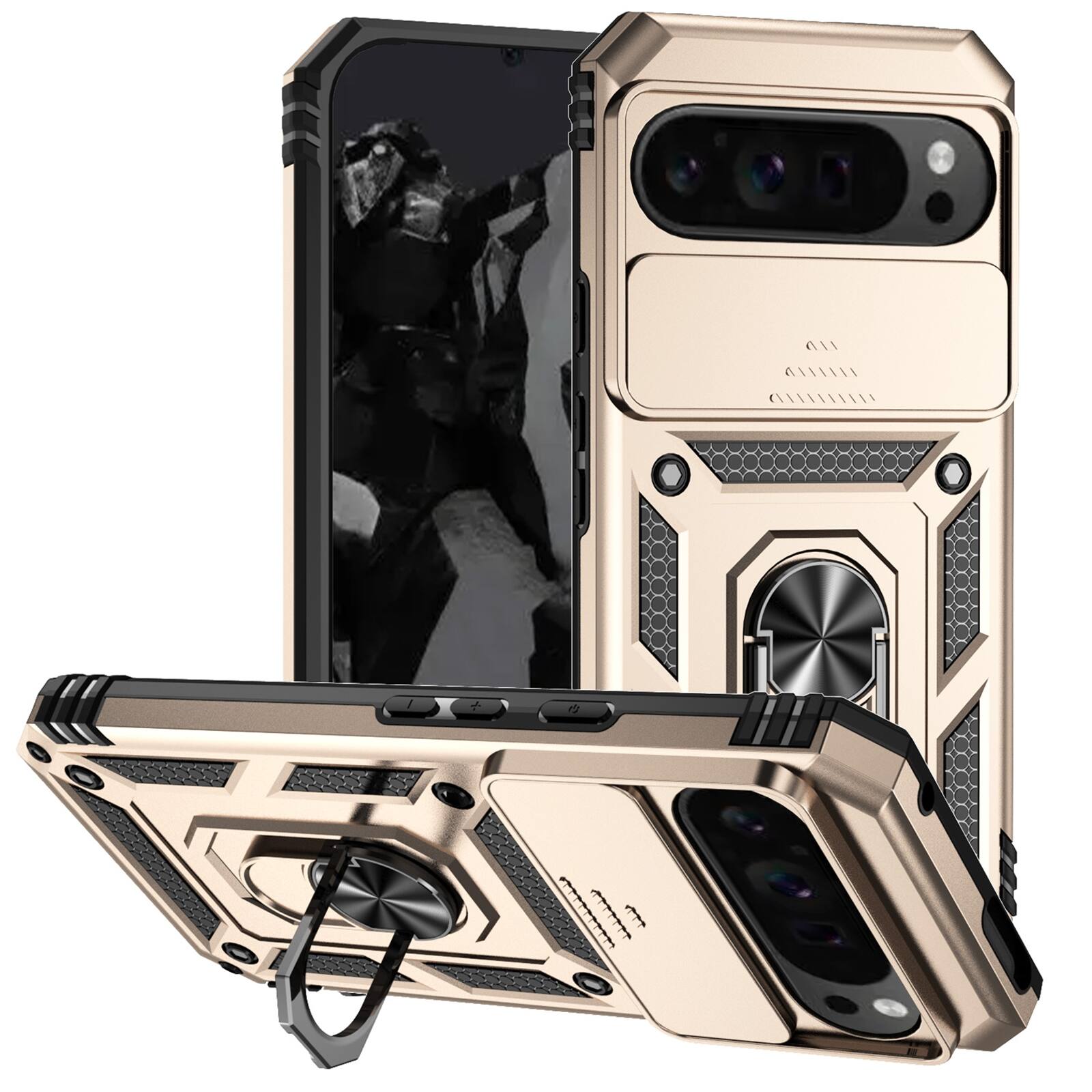Left. UUCOVER - Rugged Protective Case for Google Pixel 10 / 10 Pro,Shockproof TPU+PC Case Slide Camera Cover Ring Holder Stand Cover - Gold.