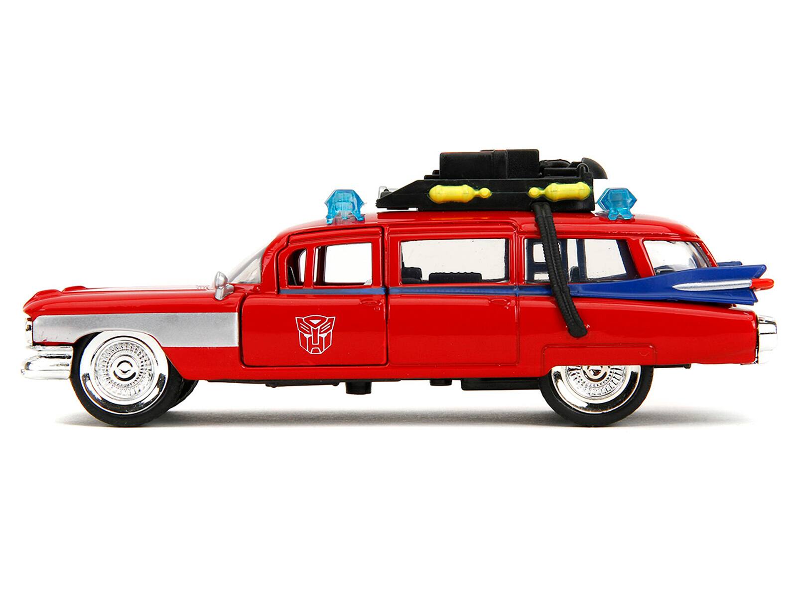 Left. Jada - 1959 Cadillac Ambulance Ecto-1 Red Transformers x Ghostbusters 1984 Hollywood Rides Series 1/32 Scale Model - Re.