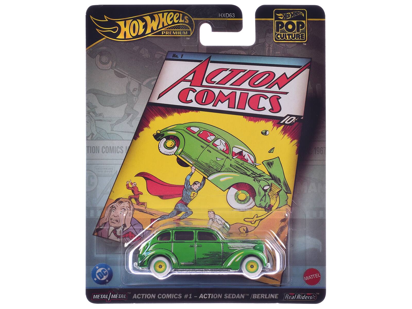 HXD63 HOT WHEELS PREMIUM POP - CULTURE M No. 1 ACTION COMICS 10¢ TION COMICS No. 1 1967 BEGINS THIS ISSUE IAN * * DC MATTEL METAL/METAL ACTION COMICS #1 - ACTION SEDAN /BERLINE Real Riders