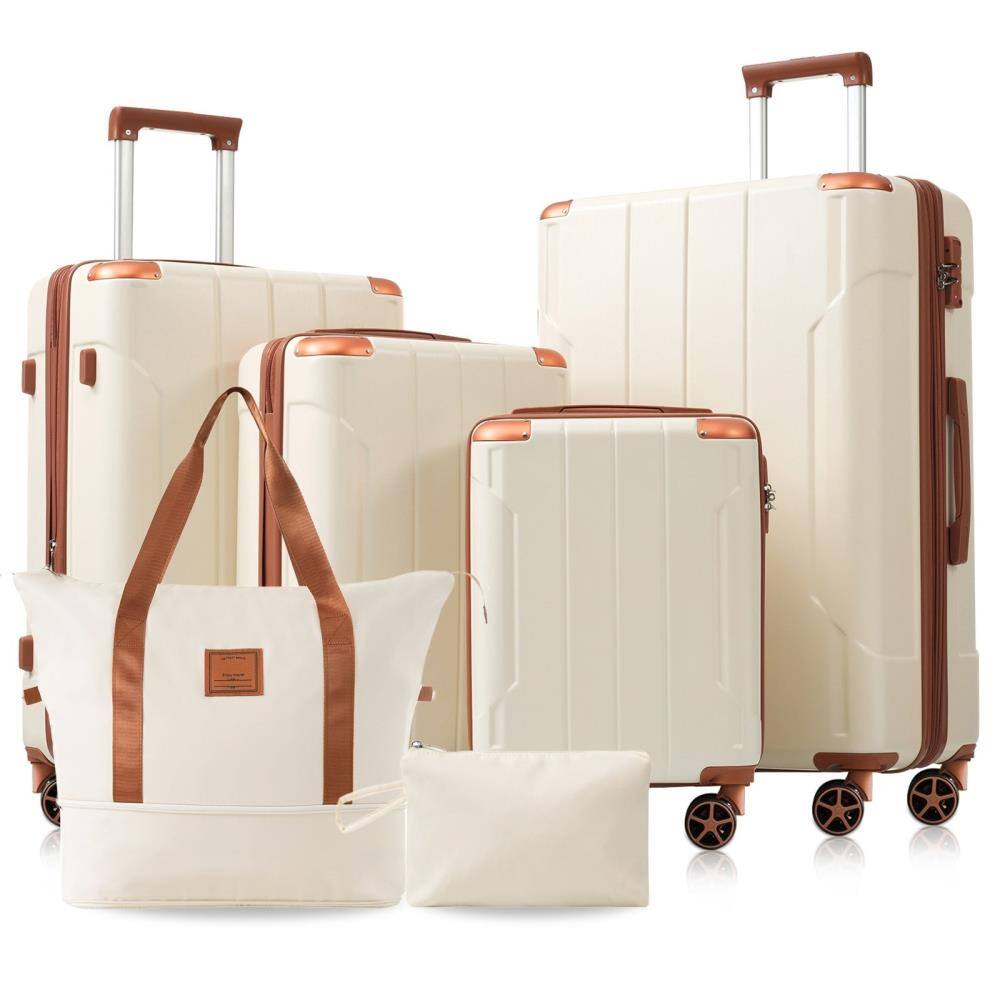 Front. BreeBe - 6-Piece Hardshell Luggage Set, Expandable Lightweight Suitcases with Dual Wheels and TSA Lock for Men & Women - Brown, white.