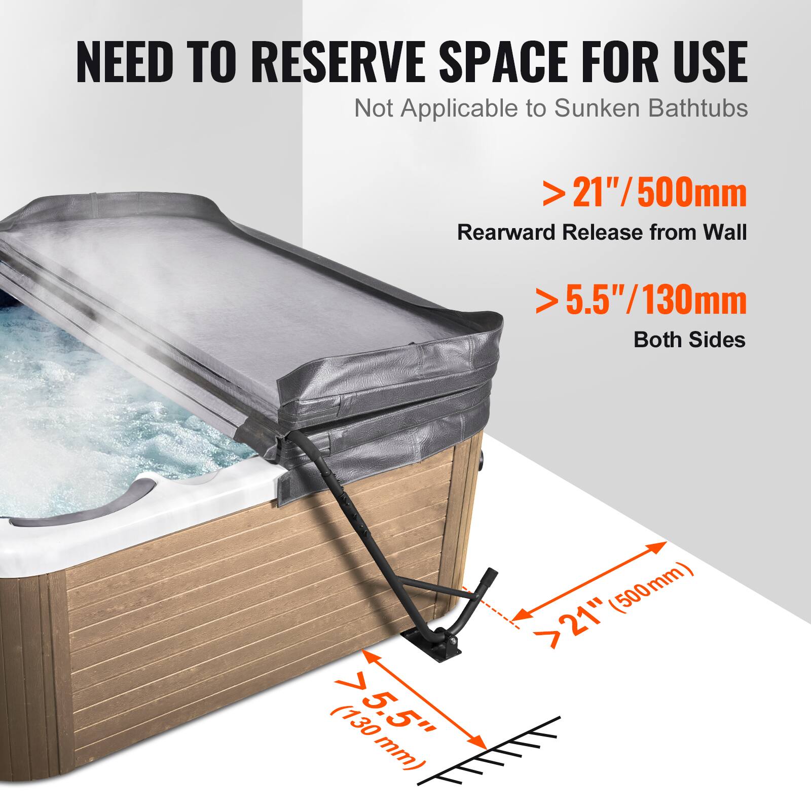 NEED TO RESERVE SPACE FOR USE  
Not Applicable to Sunken Bathtubs  

> 21"/500mm  
Rearward Release from Wall  

> 5.5"/130mm  
Both Sides