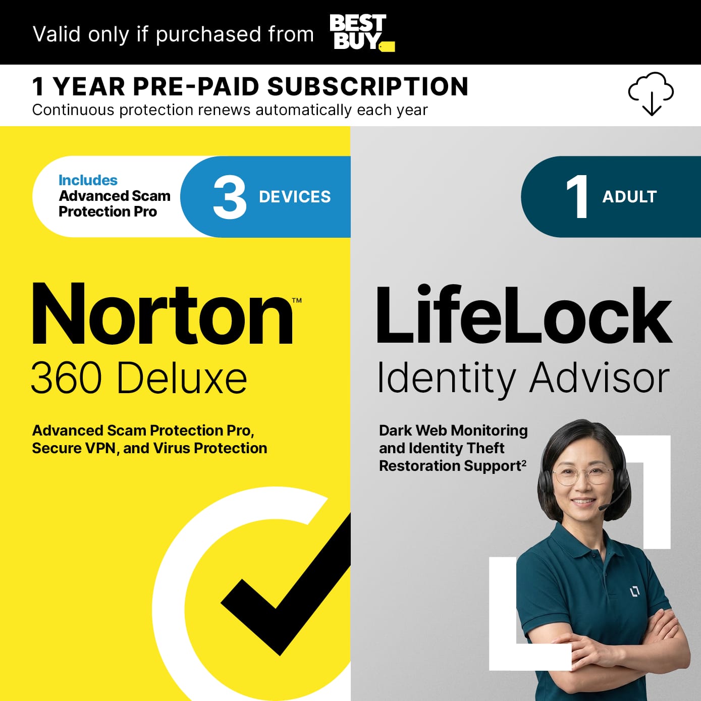 Norton - 360 Deluxe 3 Device with LifeLock Identity Advisor + Internet Security + Scam Protection + VPN (1 Year subscription) - Android, Apple iOS, Mac OS, Windows [Digital]